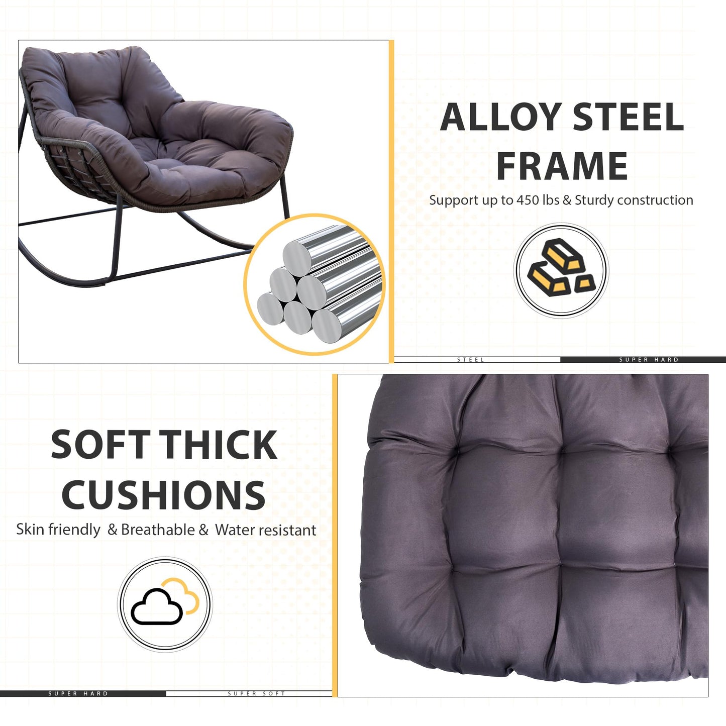 Yechen Outdoor Indoor Papasan Rocking Chair, Wicker Cozy Chair with Cushion, Oversized Outdoor Patio Reading Chair, Egg Chairs for Bedroom/Living Room/Porch/Garden/Lawn, Charcoal Grey