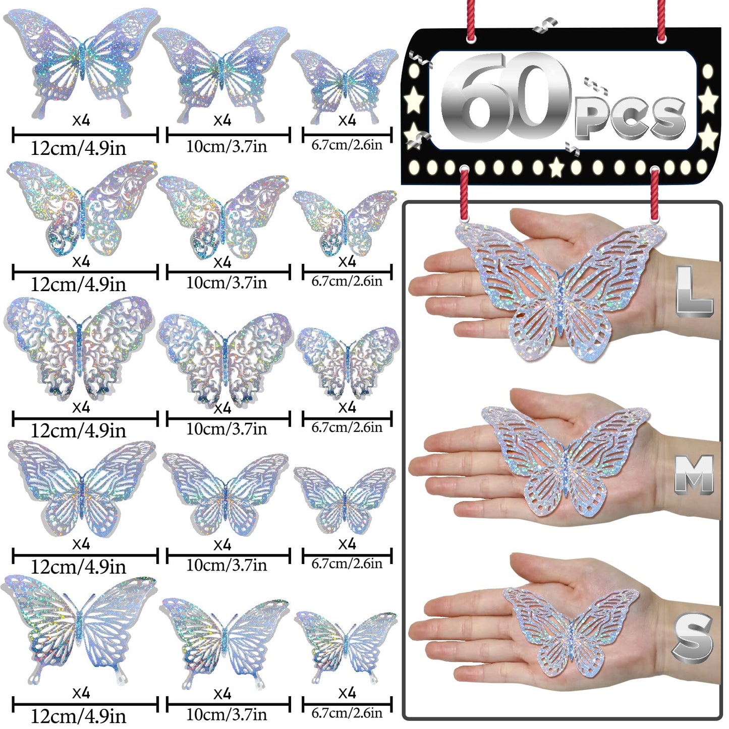 60 Pcs 3D Sequined Silver Butterfly Wall Decor, 5 Styles 3 Sizes,Butterfly Cake Birthday Party Baby Shower Decorations Iridescent,Metallic Room Mural Wall Stickers (Sequined Silver)