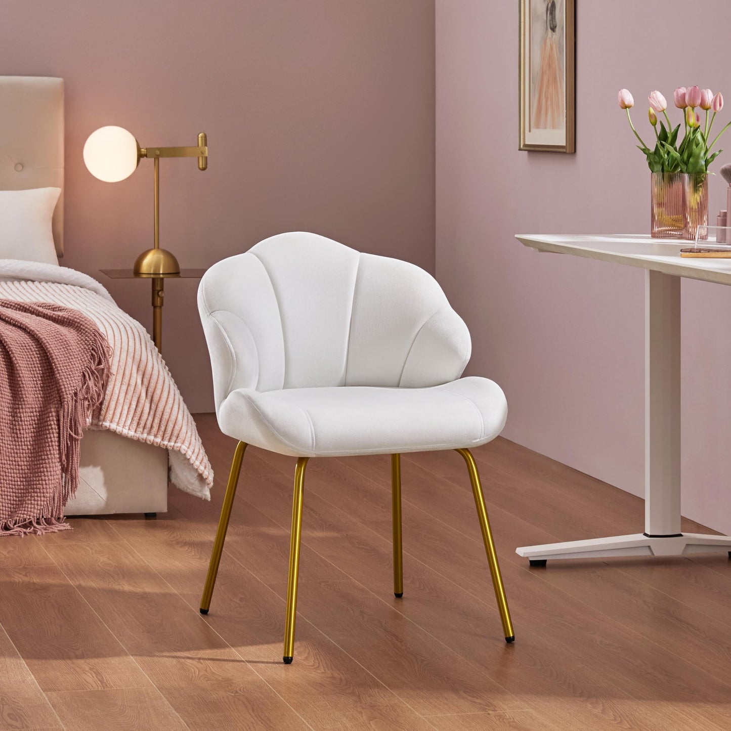 Yaheetech Vanity Chair, Velvet Accent Chair with Shell-Shaped Backrest, Modern Armchair with Gold Metal Legs for Dressing Room/Bedroom/Living Room, White
