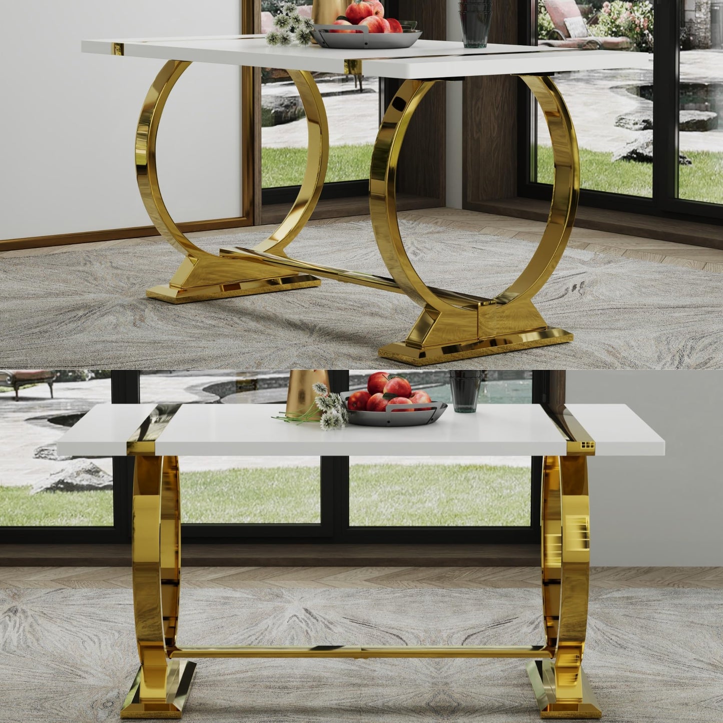 ACEDÉCOR 60" White and Gold Dining Table, Modern Luxury Kitchen Room Table with Rectangular Gloss Lacquer Top and Gold Stainless Steel U-Shaped Base