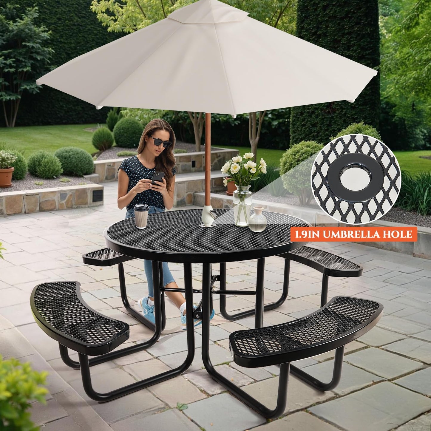 46" Round Top Outdoor Picnic Table Set for Up to 8 Persons, Outside Table Set with 4 Built-in Benches, Metal Commercial-Grade Dining Furniture with Umbrella Hole for Garden, Backyard, Porch, Patio
