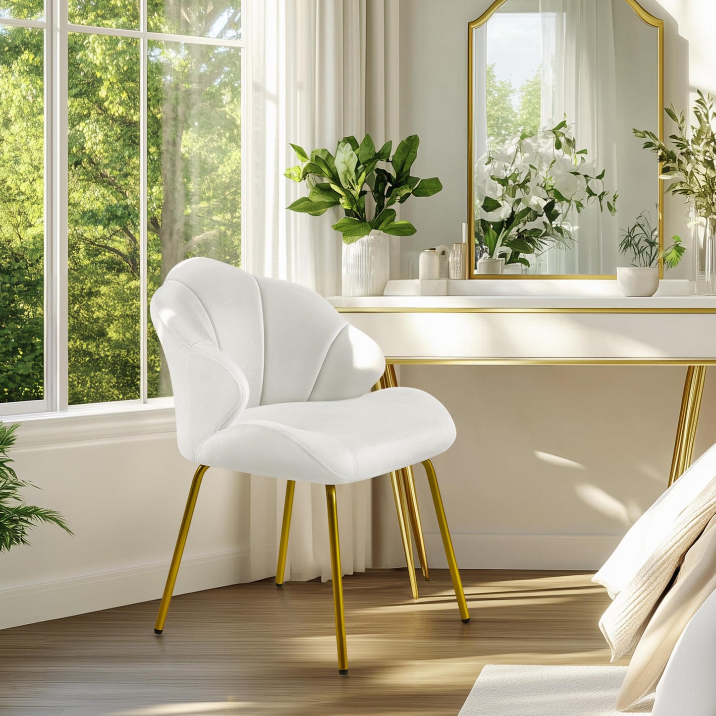 Yaheetech Vanity Chair, Velvet Accent Chair with Shell-Shaped Backrest, Modern Armchair with Gold Metal Legs for Dressing Room/Bedroom/Living Room, White
