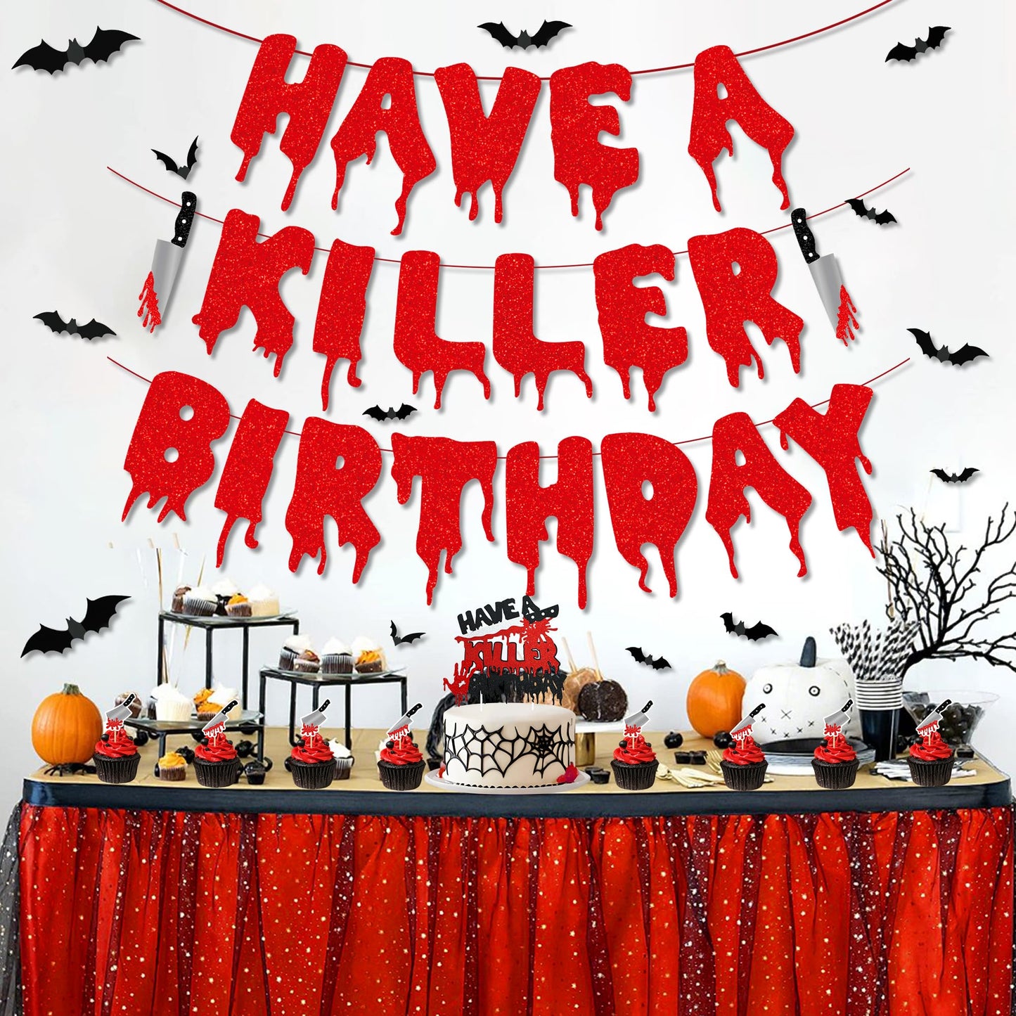 Vlipoeasn Have a Killer Birthday Decorations, Black Red Halloween Birthday Glitter Banner, Balloons, Blood Knife Cake Toppers for Halloween Decorations Supplies, Horror Backdrop Party Decor