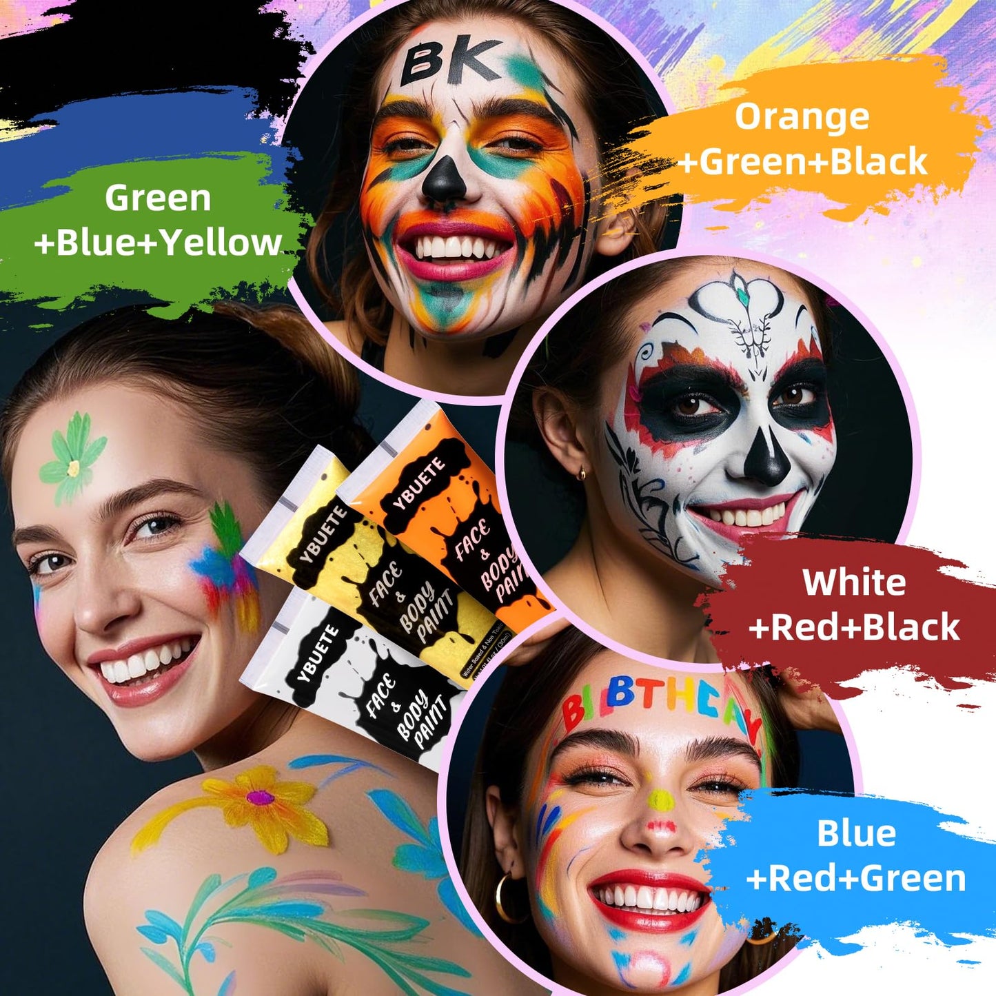 YBUETE 9 Colors Face Body Paint Set, Professional Paint Set for Halloween Cosplay Costume Party, Full-coverage Multi-Color Cream Makeup Blendable Set for Adults Halloween Cosplay SFX Makeup Paint