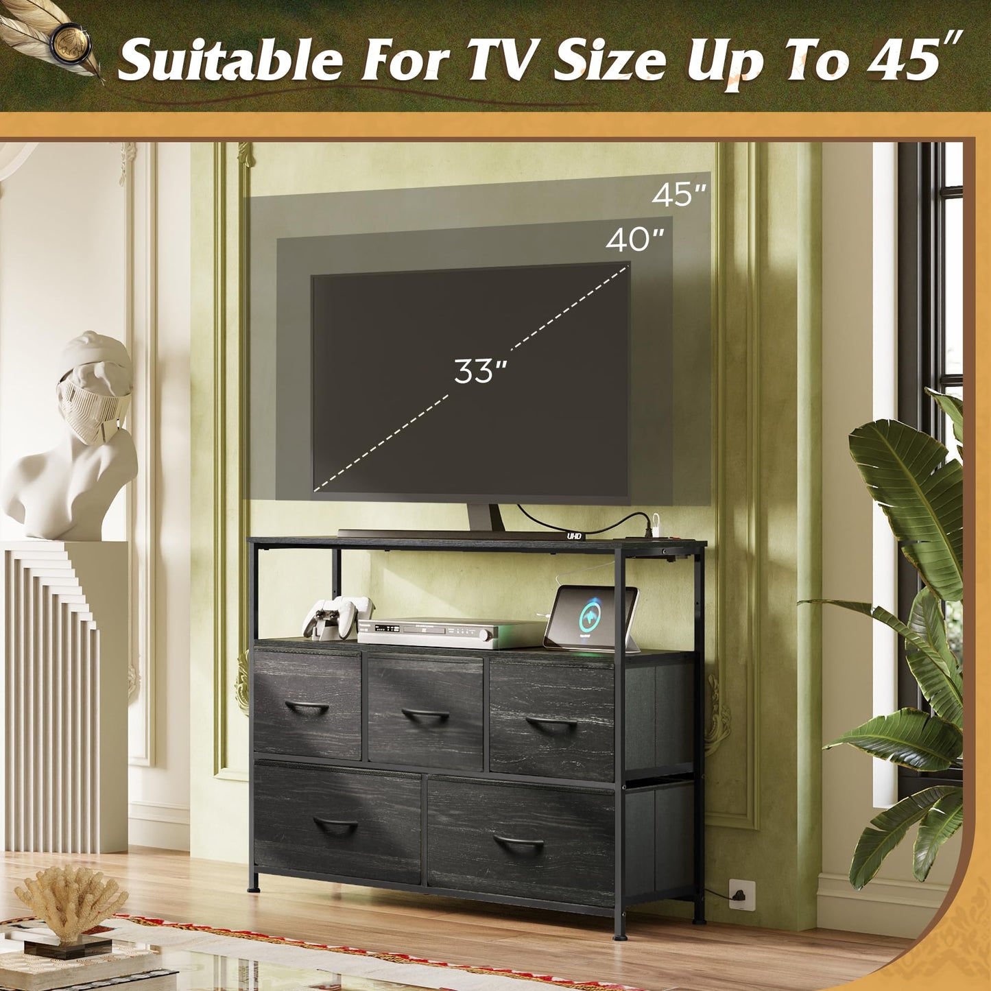 WLIVE Dresser for Bedroom, 5 Drawer Dressers with Charging Station, Fabric Chest of Drawers with Open Shelves, Storage Dresser for Living Room, Closet, Entryway, Charcoal Black Wood Grain Printt
