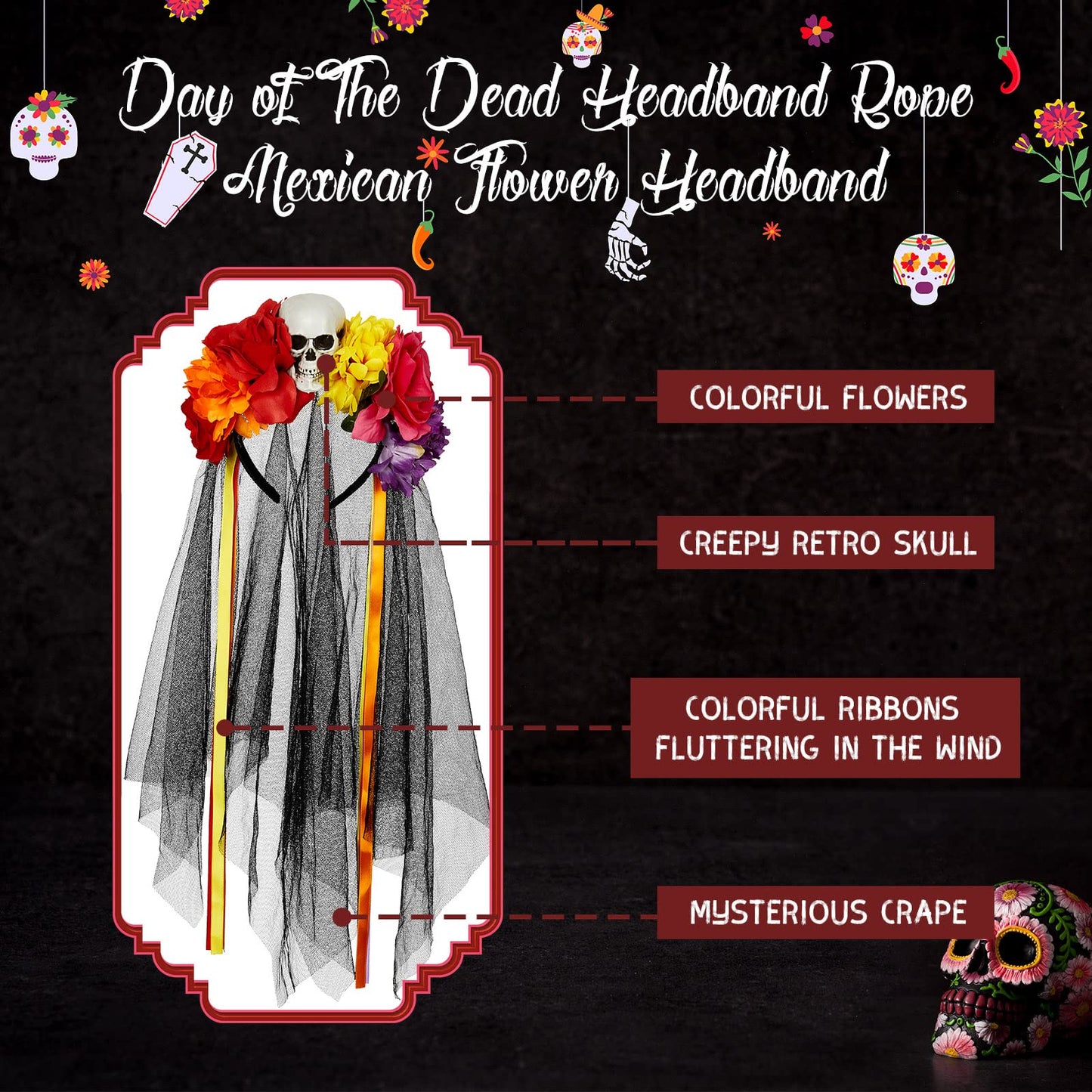 2 Pcs Halloween Day of the Dead Bustle and Day of the Dead Headband for Women Set Halloween Costumes for Women Girls (Medium)