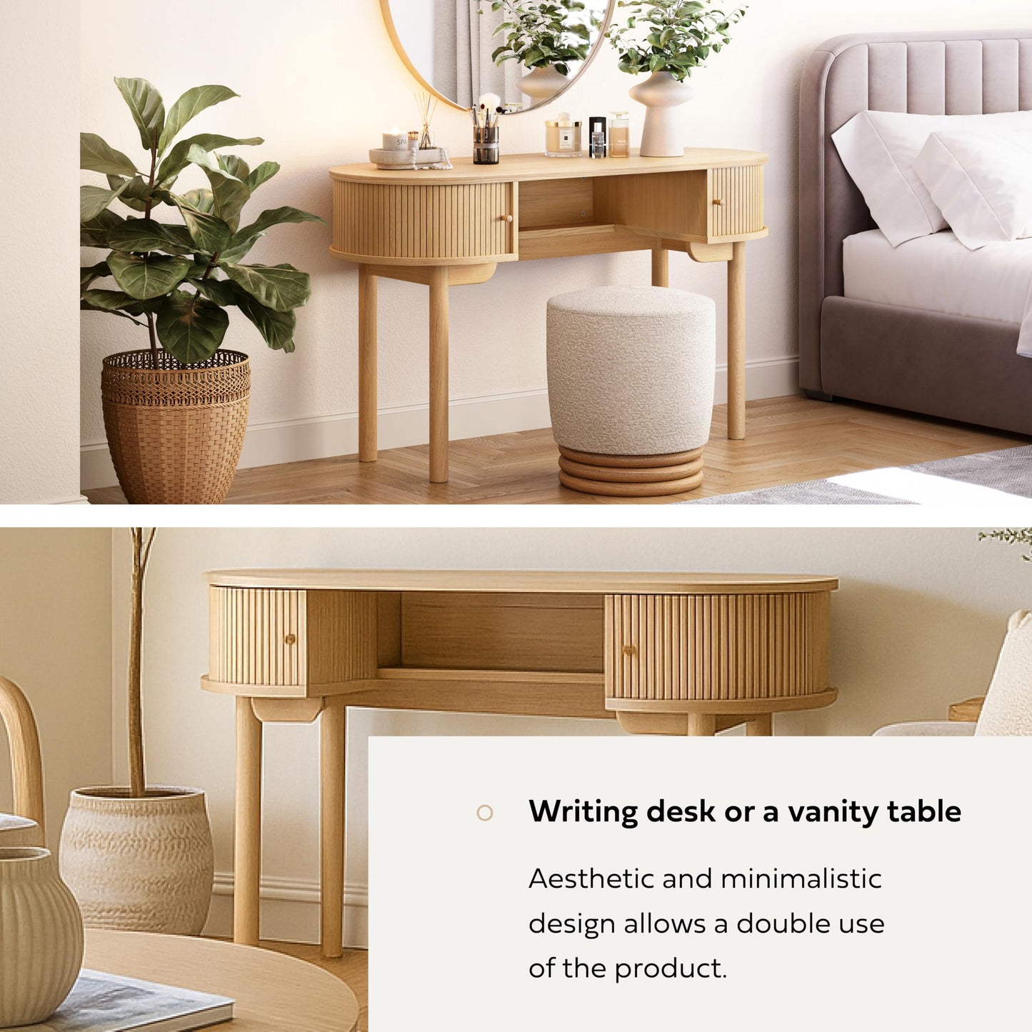 WERMO 51'' Small Wood Writing Desk and Makeup Vanity Desk with Storage and Sliding Doors - Narrow Computer and Work Table for Home Office, Modern Vanity, Oak Dressing Table for Bedroom (Oak)