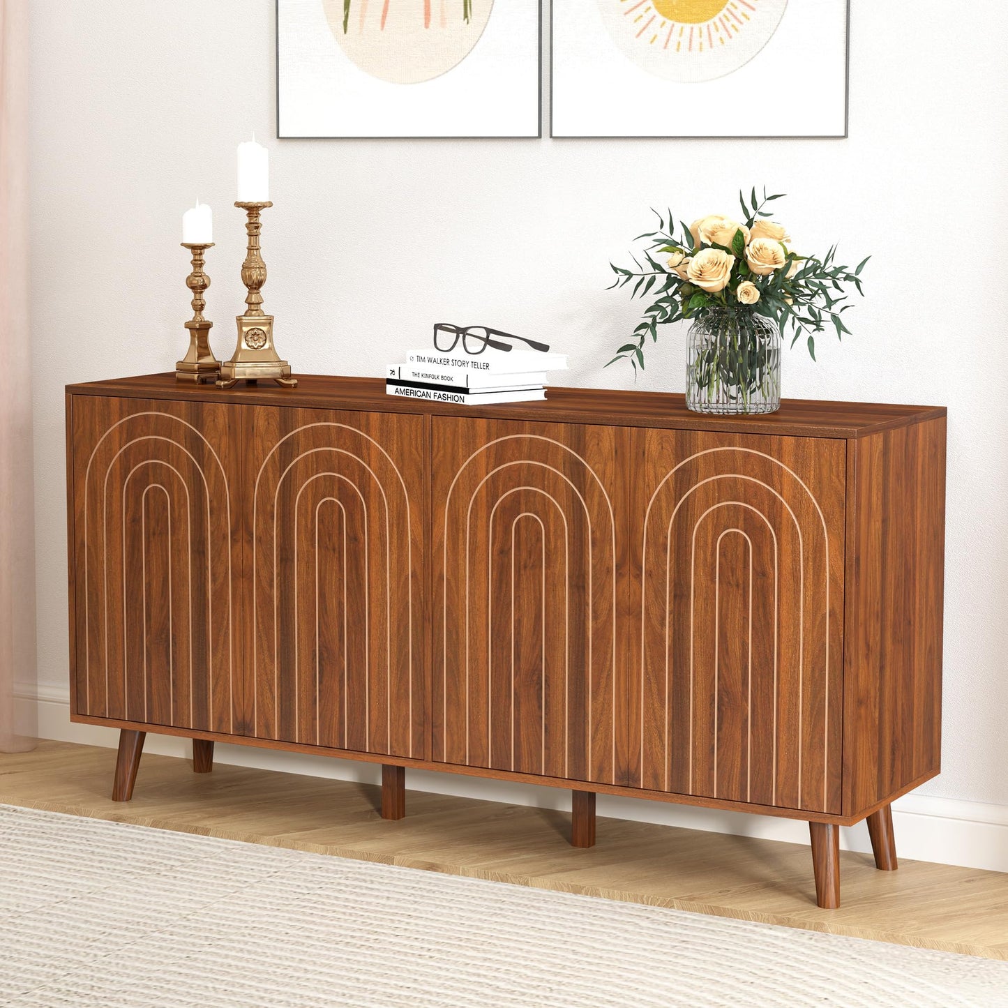 weselon 59" Buffet Cabinet with Storage, Modern Accent Sideboard Storage Cabinet with 4 Doors & Carving Lines, Wooden Coffee Bar Table Console for Living Room Kitchen Office and Hallway (Walnut)