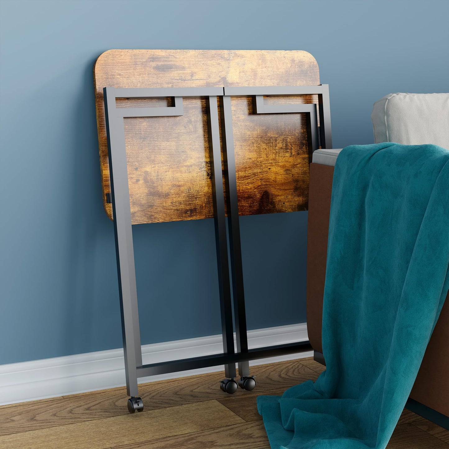 4NM 23.6" Mobile Small Rolling Computer Desk, Folding Laptop Cart Table with Wheels, Portable Office Desk for Small Space Couch Bed - Rustic Brown and Black