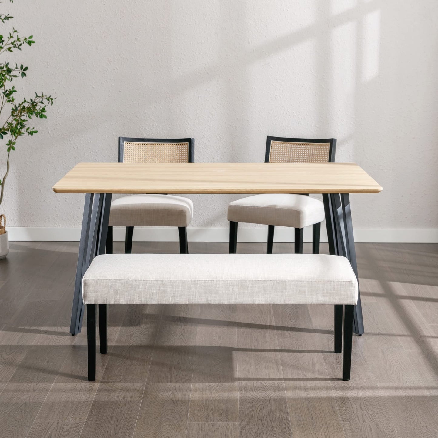 Wahson Farmhouse Linen Upholstered Dining Bench, 45" Long Dining Room Bench Seat with Black Wood Legs, Beige