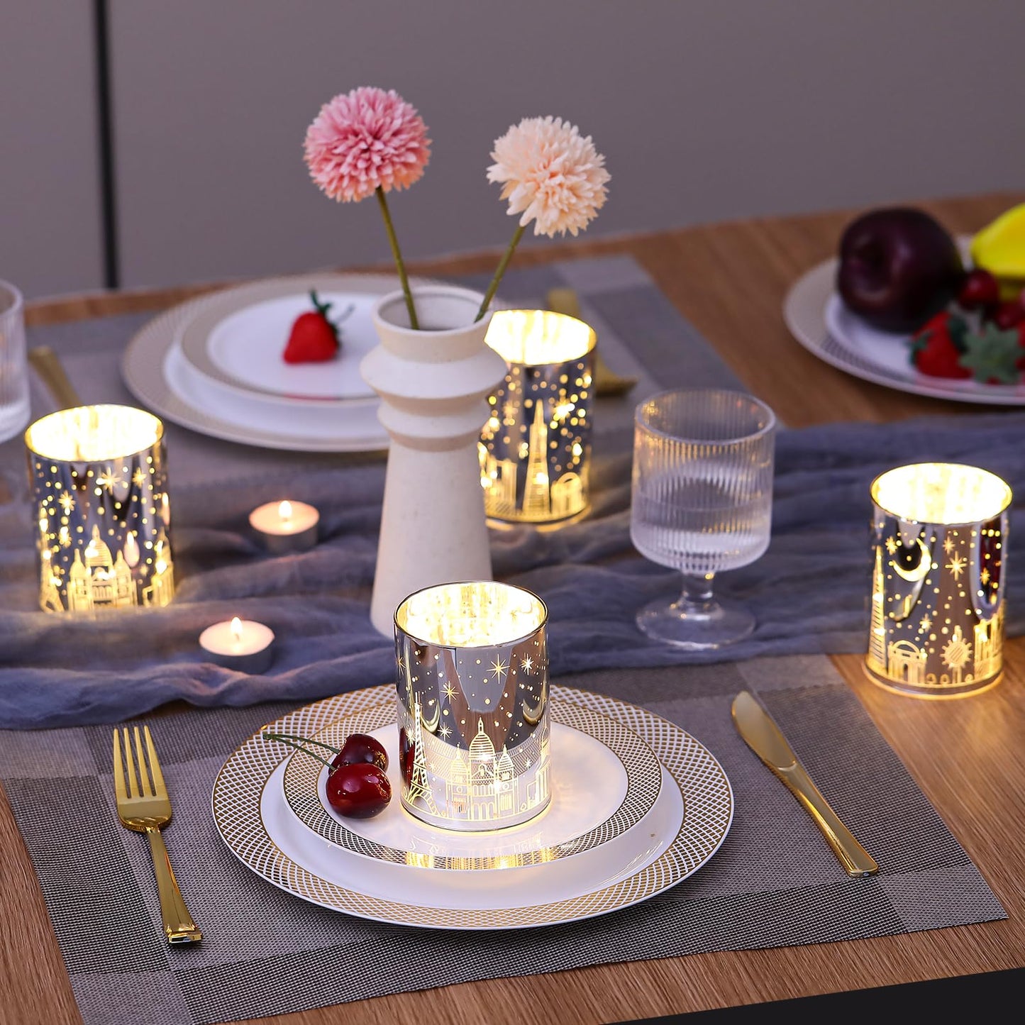Votive Candle Holders, SunGlee Tealight Candle Holder with Gift Box, Glass Candle Holder with LED Light for Table Centerpieces, Tea Party, Wedding, Birthday, Various Themed Parties Table Decor 2Pack