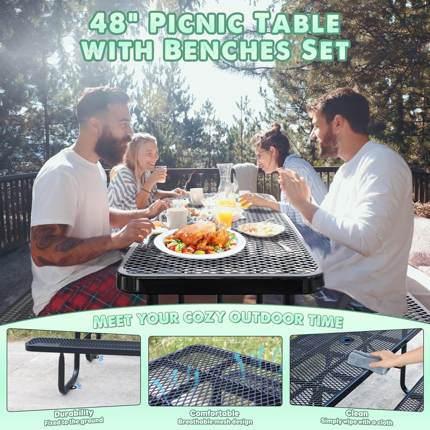 4FT Rectangular Outdoor Picnic Table and 2 Benches Set with Umbrella Hole, Metal Expanded Commercial Steel Heavy Duty Sturdy Picnic Tables Furniture Set for Yard Patio Lawn Party Coffee, Black