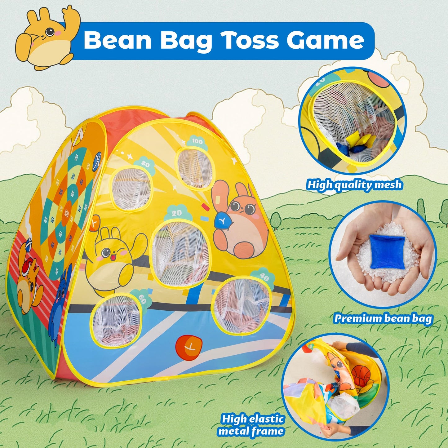 5-in-1 Kids Play Pop Up Tent with Bean Bag Toss Game Outdoor Toys, Tic Tac Toe, Dartboard,Soccer, Basketball, Carnival Outside Combo Set for Backyard Beach Lawn Party Fun, Birthday Gift for Boys Girls