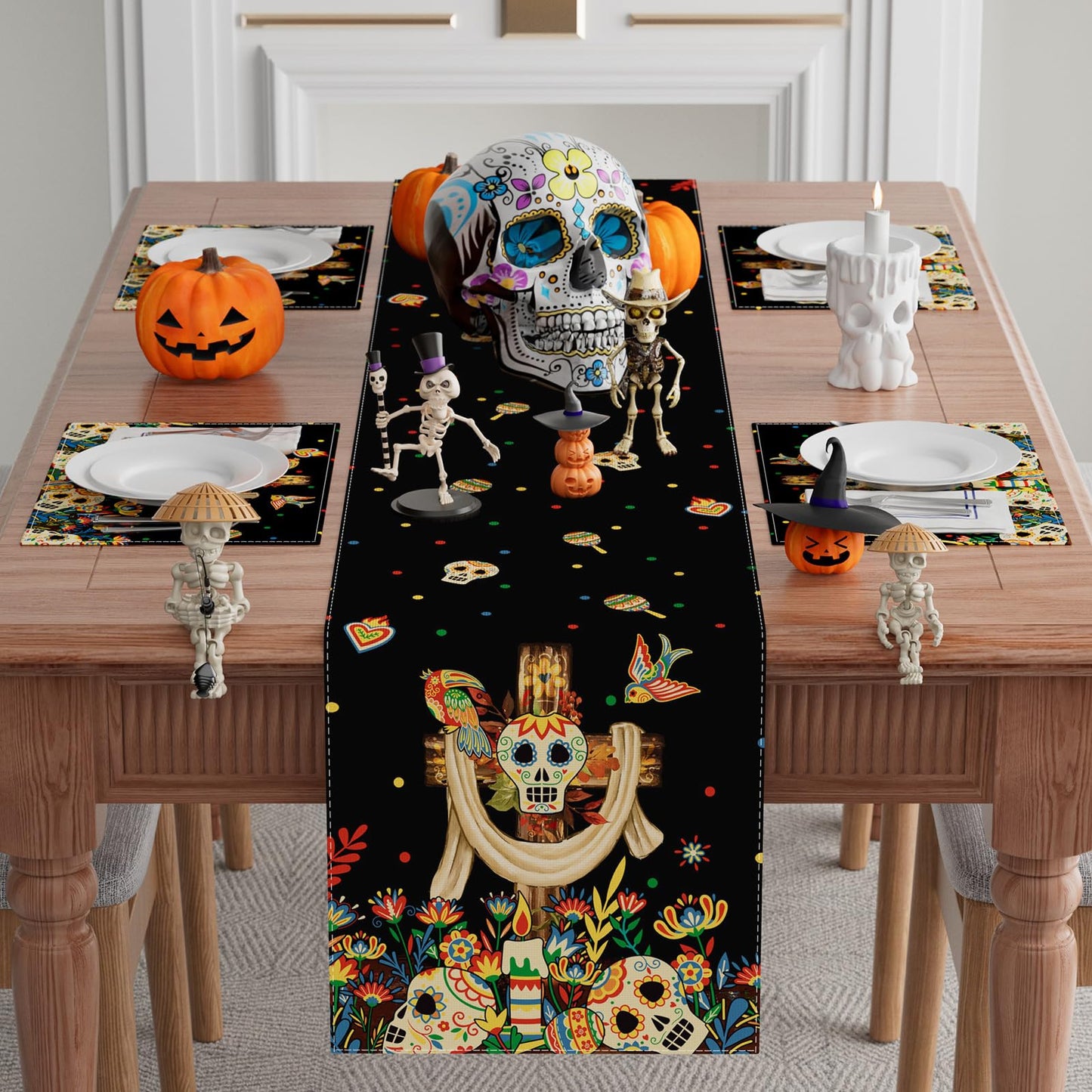 XCHI Cross Sugar Skull Birds Flowers Dia De Los Muertos Table Runner Day of The Dead Mexican Table Decoration for Home Kitchen Dining Holiday Fiesta Themed Party Decor 13x72 Inch