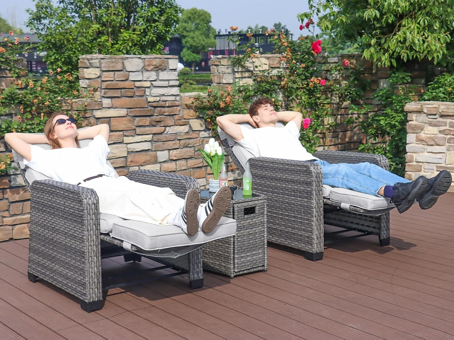 WELYAS Outdoor Recliner Adjustable Wicker Lounge Chairs with Flip Table Extended Patio Reclining Chair & Thick Cushion for Balcony, Porch, Living Room (3 Piece)