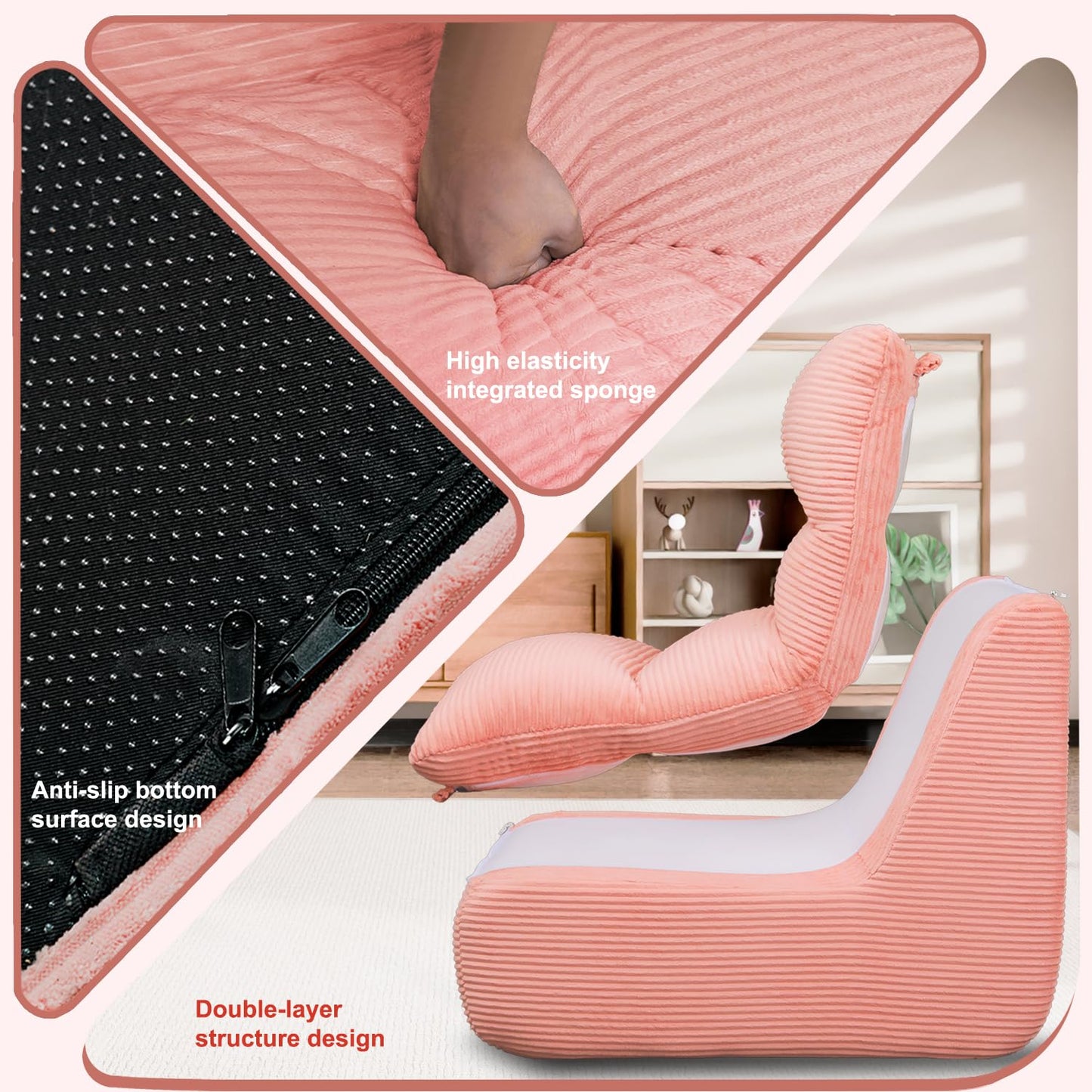 Vonesse Bean Bag Chair, Double-Layered Bean Bag Chair for Adults, Comfortable Memory Foam Bean Bag Sofa, Corduroy Bean Bag Couches for Living Room Bedroom (Pink)
