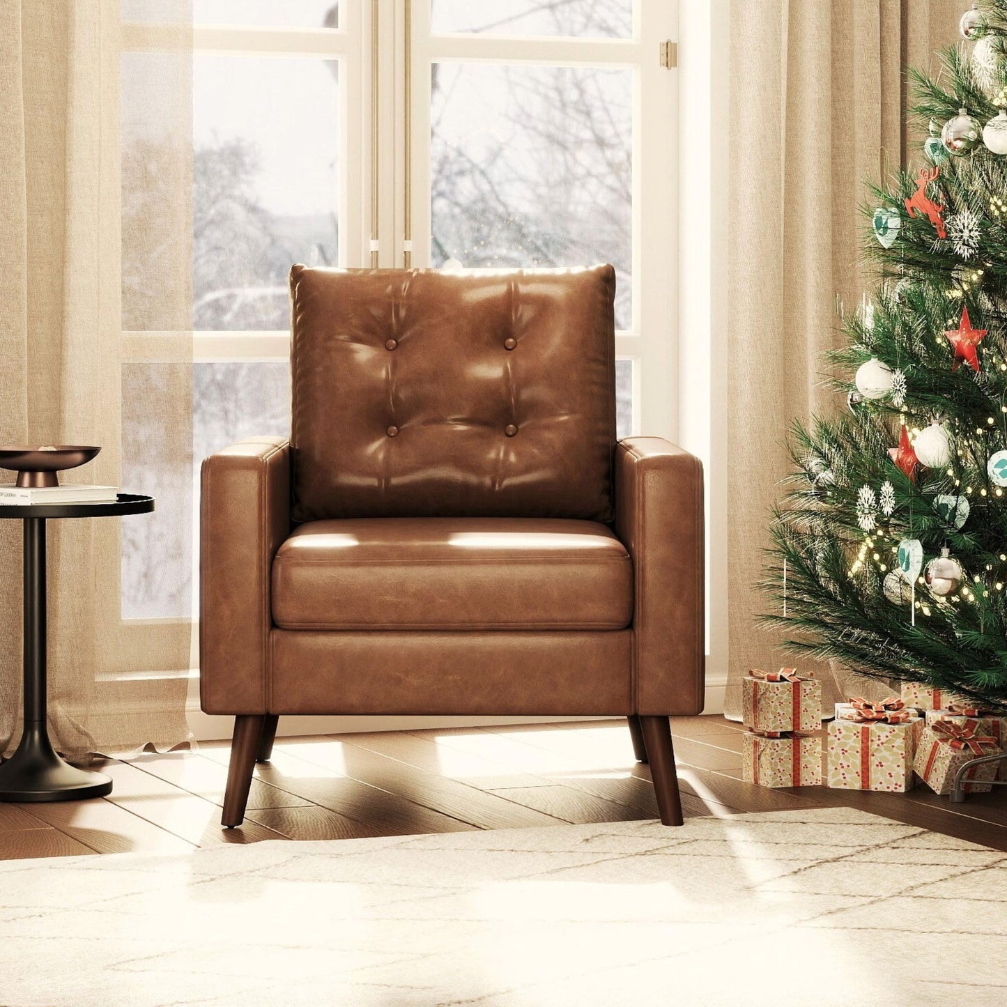 Wahson Office Chairs PU Accent Arm Chair with Tufted Back, Faux Leather Comfy Upholstered Single Sofa, Mid Century Modern Side Club Chair with Wood Legs for Reading/Living Room/Bedroom, Caramel