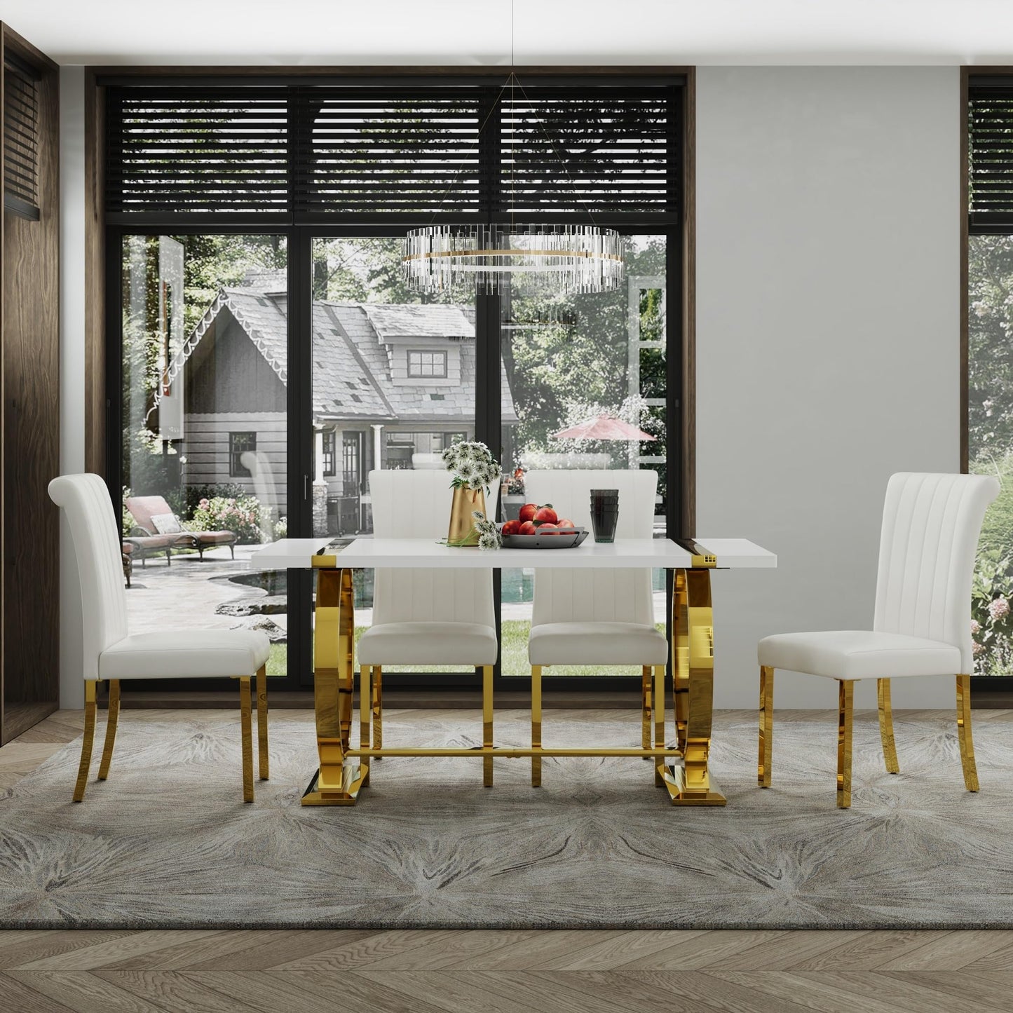 ACEDÉCOR 60" White and Gold Dining Table, Modern Luxury Kitchen Room Table with Rectangular Gloss Lacquer Top and Gold Stainless Steel U-Shaped Base