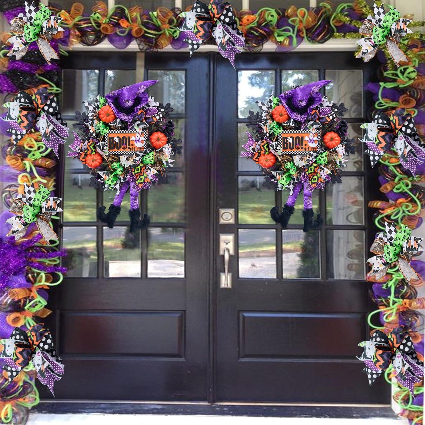 Vofuly Wreath for Front Door,20inch mesh Wreath,Pumkin & Witch Wreath with Legs,Fun Porch Decor,Decoration,Whimsical Halloween,Purple Green Orange (V23HL001)