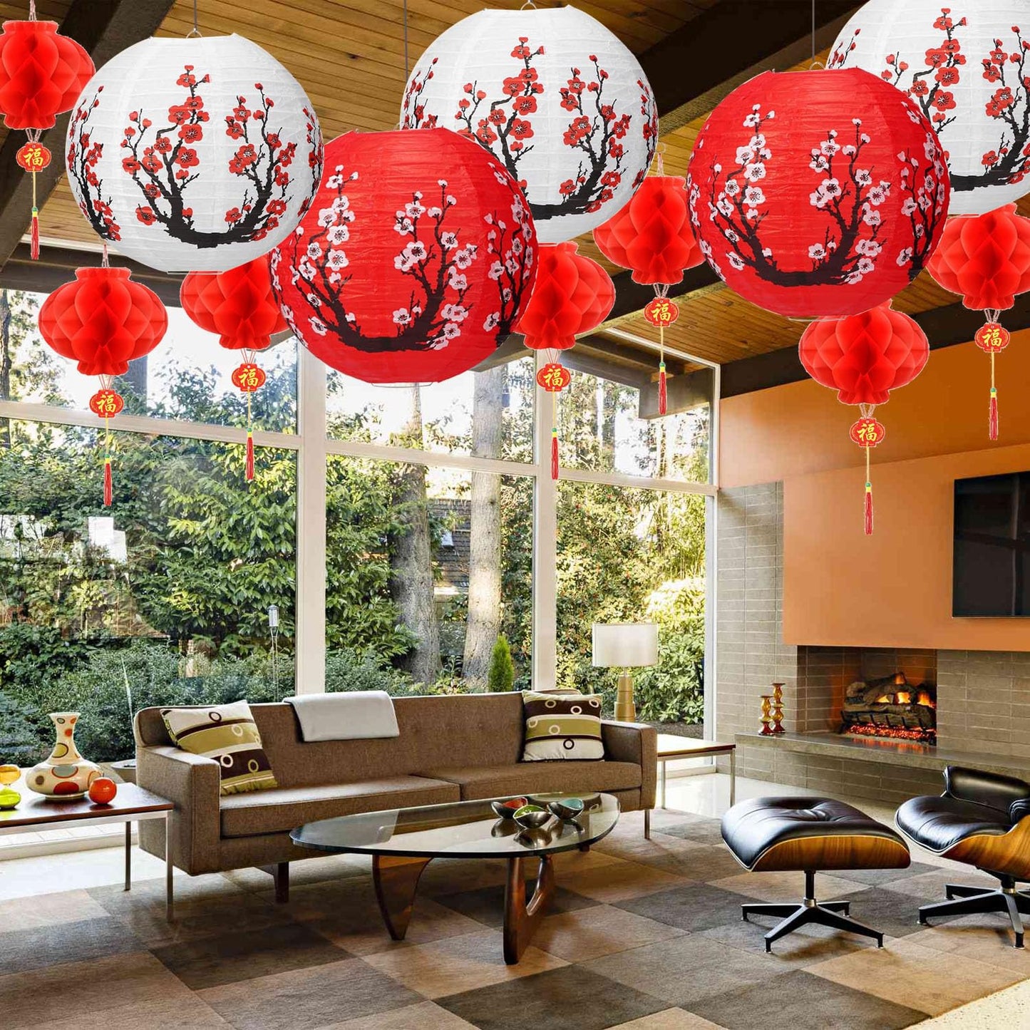 20 Pcs Chinese Japanese Paper Lanterns, Chinese New Year Lantern Decoration, Cherry Blossom Decorative Hanging Lanterns, Spring Festival Cherry Blossom Lanterns Ornaments