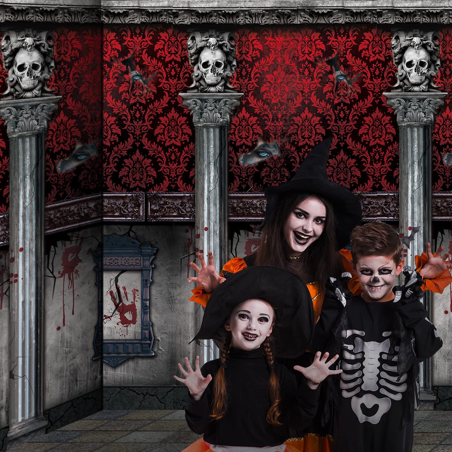 3Pcs Halloween Gothic Mansion Backdrop Decoration, Plastic Halloween Gothic Mansion Room Scene Setters Photography Background Wallpapers for Halloween Haunted House Party Decoration, 54×108 inches