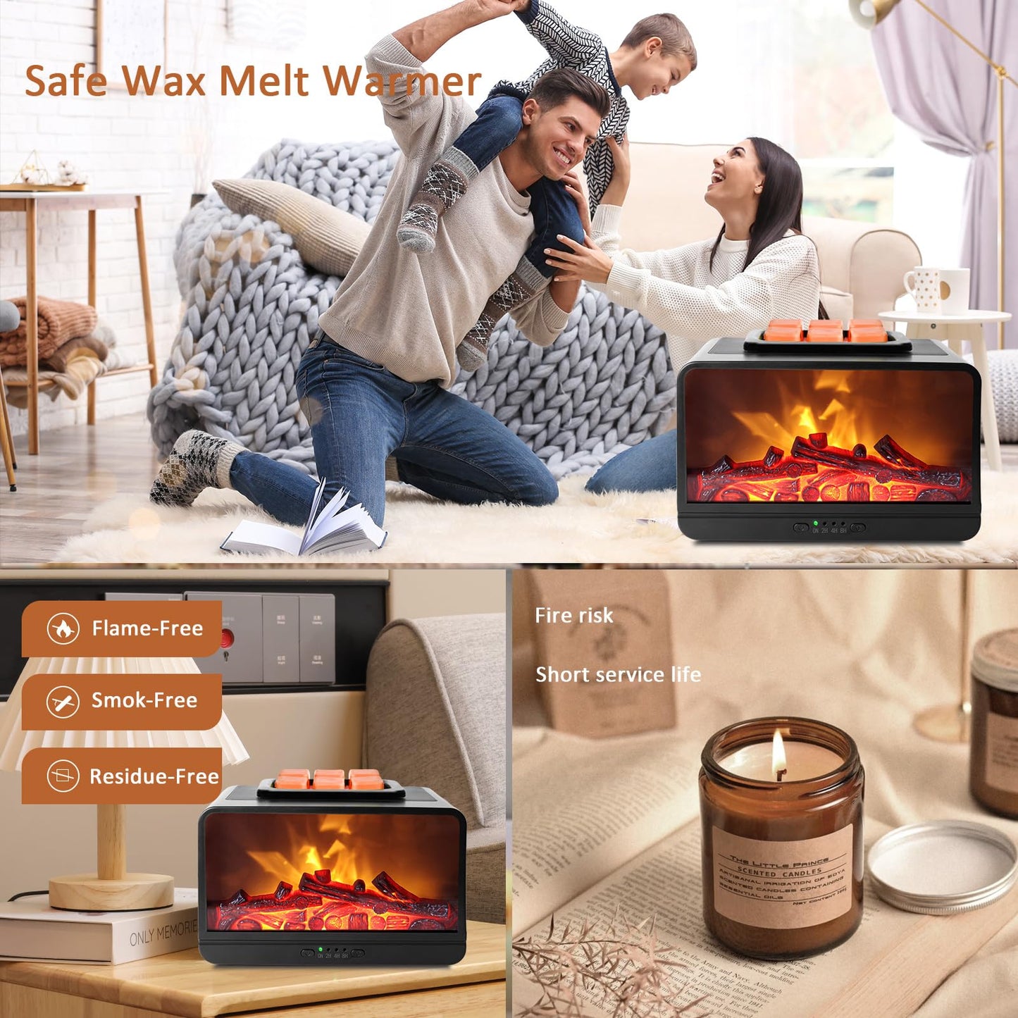Wax Melt Warmer for Scented Wax - 3D Dynamic Flame Fireplace Electric Wax Warmer, Wax Melter with 4 Timer,PTC Heating Wax Warmer for Home Decor Women Mom Gift
