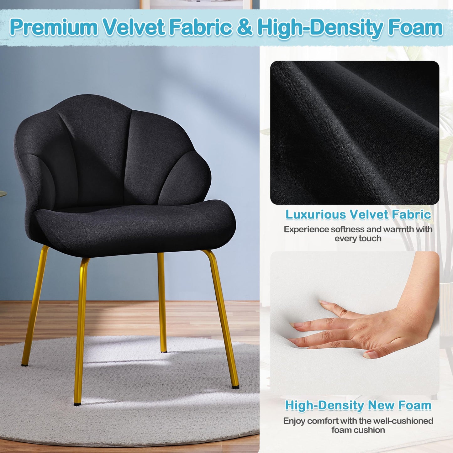 Yaheetech Vanity Chair, Velvet Accent Chair with Shell-Shaped Backrest, Modern Armchair with Gold Metal Legs for Dressing Room/Bedroom/Living Room, Black