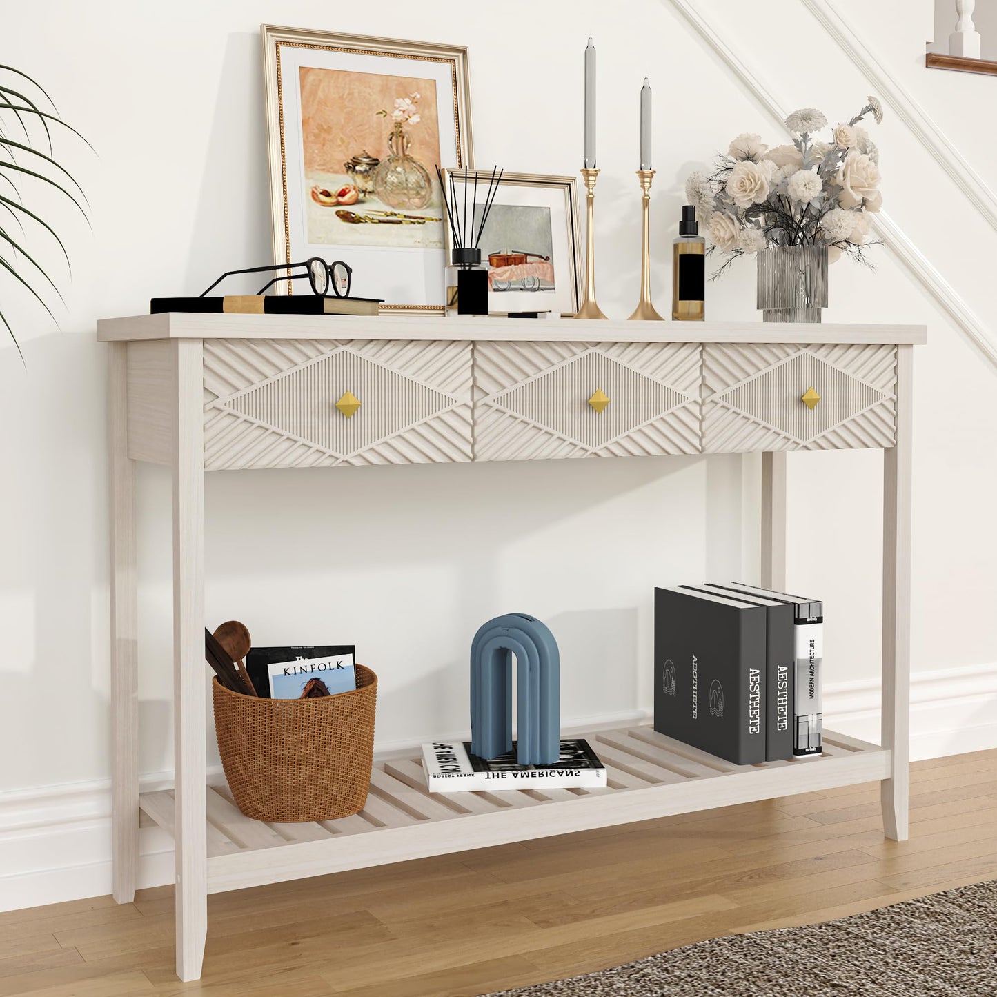 47" Console Table with 3 Drawers, Fluted Wood Entryway Table with Storage Shelf, Narrow Long Sofa Table Modern Behind Couch Accent Table for Living Room, Entryway, Hallway, Foyer