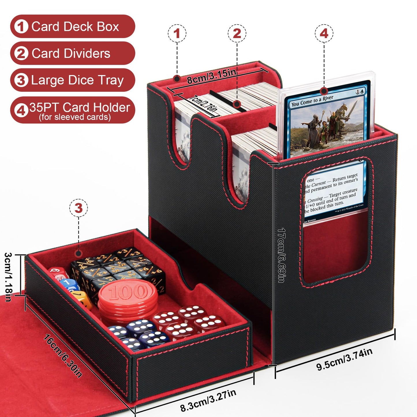 WERTIOO MTG Commander Deck Box with Handle – Double Storage Box for 230+ Double Sleeved Cards, 2 Commander Displays, 1 Dice Tray – Card Organizer for EDH, CCG, TCG (Black Red)