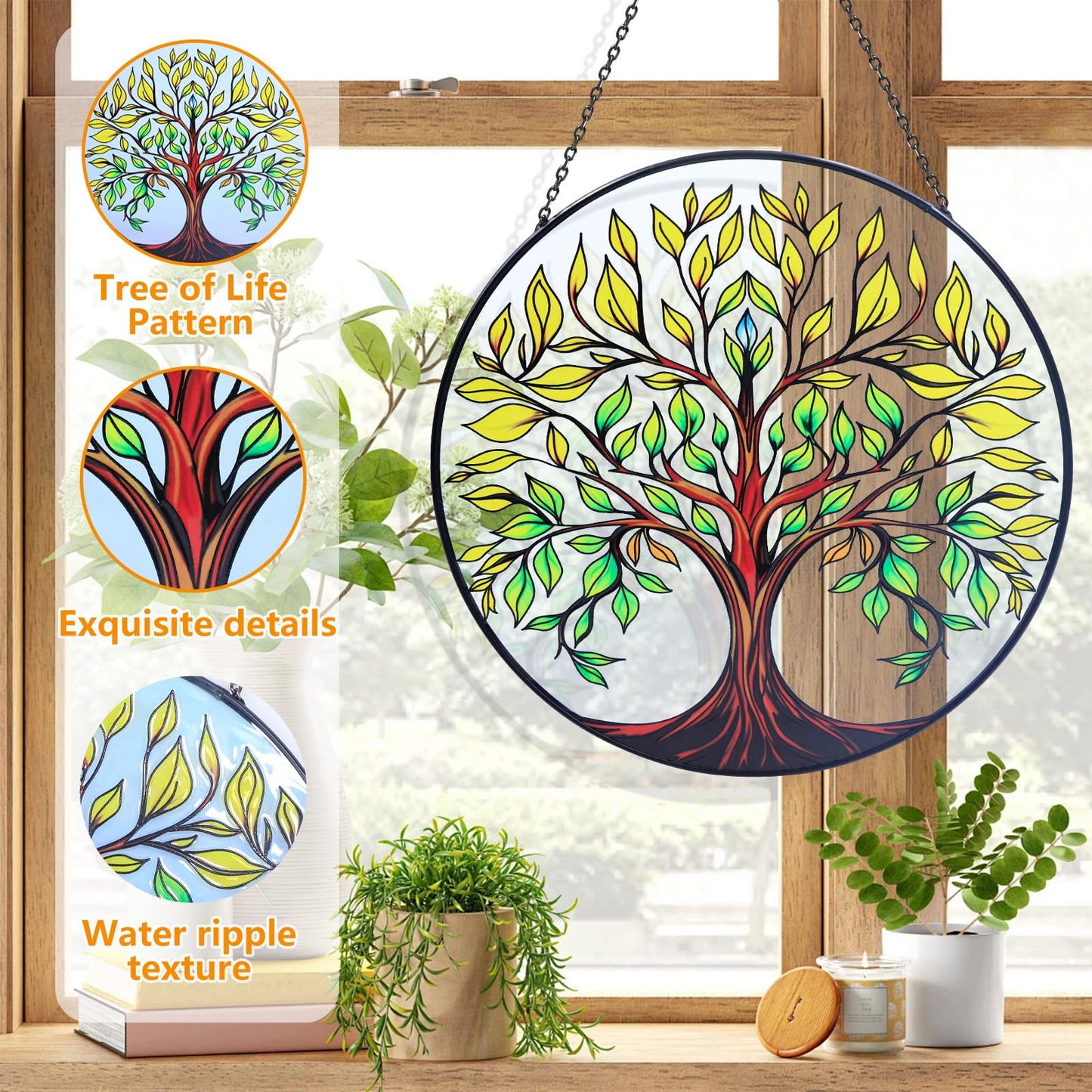 8" Tree of Life Suncatchers for Windows, Tree of Life Stained Glass Window Hanging,Sun Catcher for Windows, Tree of Lifes Decor with Hook,Suncatchers Trees Window Hangings Gifts for Mom