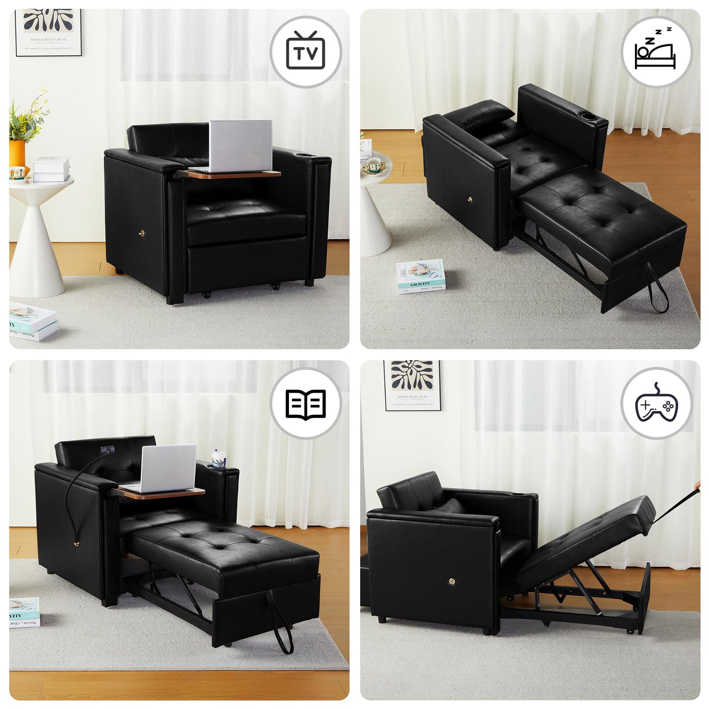 weselon Leather Convertible Chair Bed, 3 in 1 Multi-Functional Lounge Chair Sleeper, Pull Out Couch Guest Bed with Hidden Table and Adjustable Backrest for Living Room (Black)