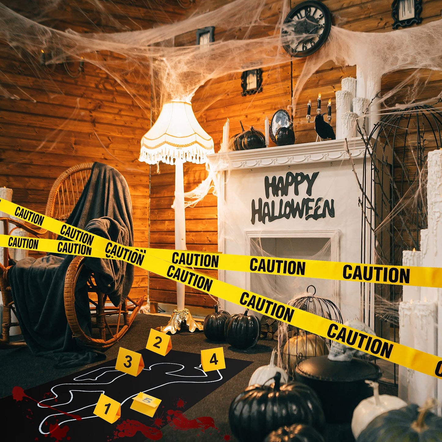 8 Pieces Crime Scene Decorations Including Body Silhouette Caution Barricade Tape Evidence Markers and Bloody Footprint Sticker Evidence Party Decorations for Halloween Home Wall