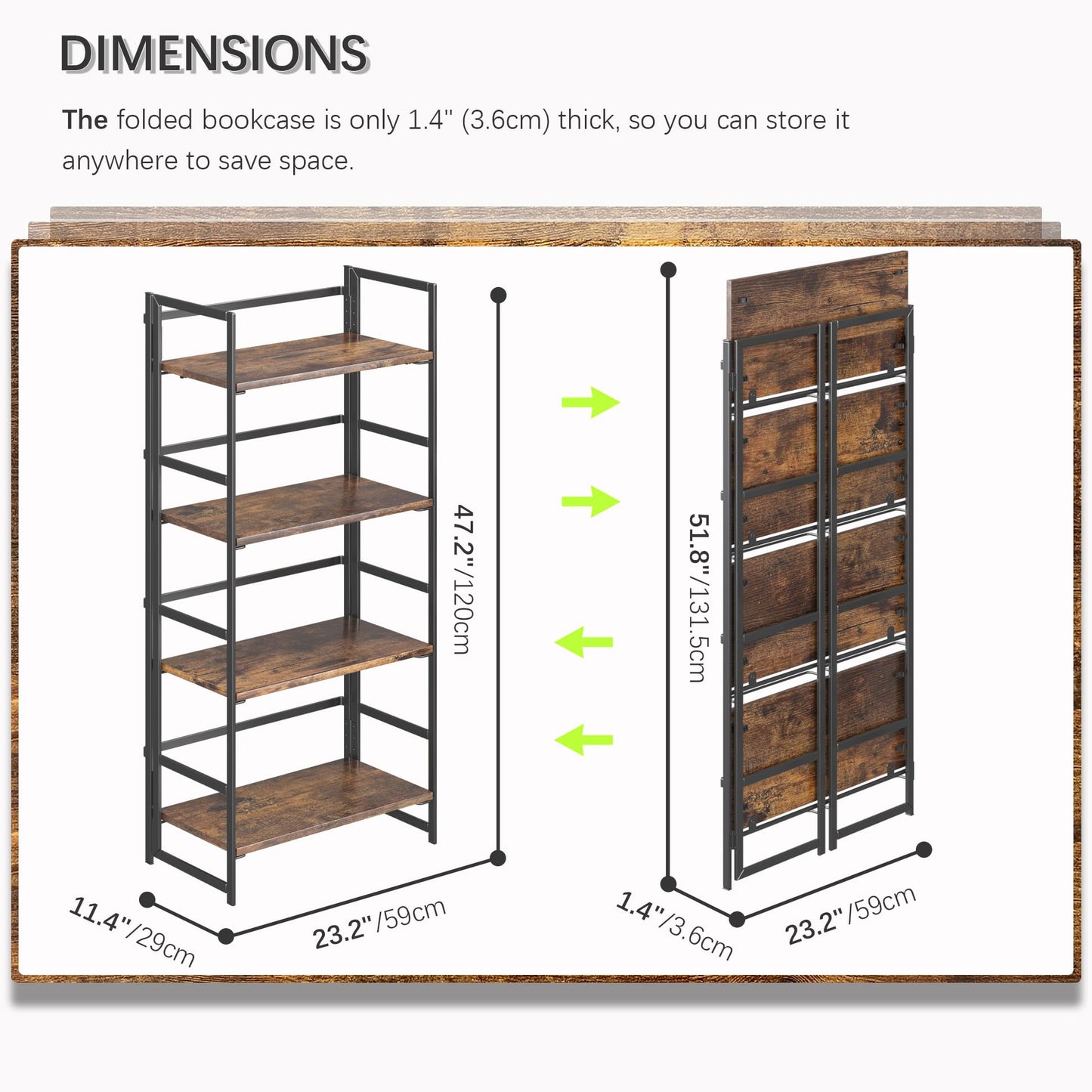 4NM No Assembly 4 Tiers Book Shelves, Black Folding Bookshelf Bookcase Open Industrial Foldable Shelves for Bedroom, Living Room, Home Office - Rustic Brown Black