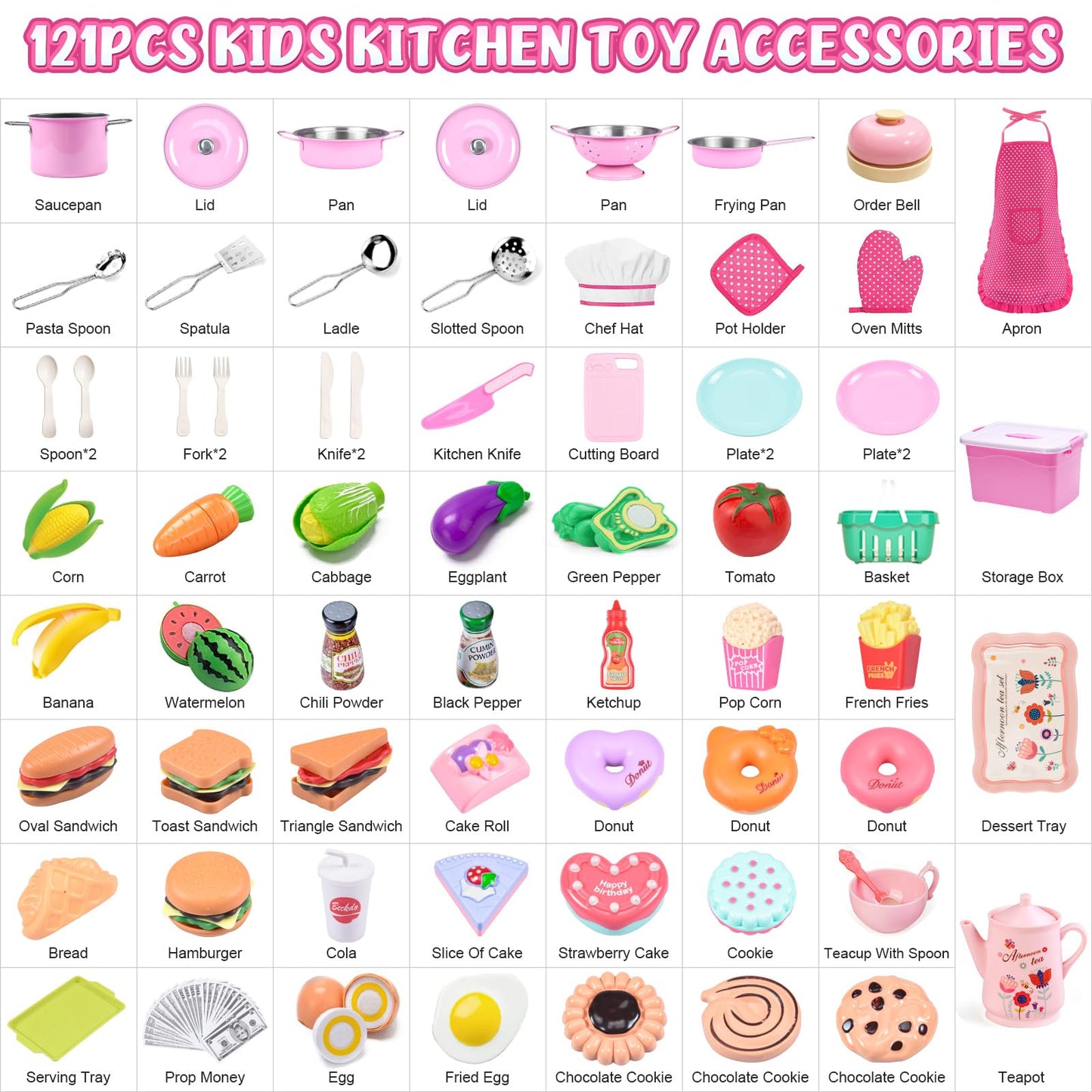 121Pcs Play Kitchen Accessories, Kids Kitchen Playset, Pretend Play Food Tea Party Set, Toy Kitchen Kids Cooking Real with Apron&Chef Hat, Utensils Cookware Pots&Pans, Toy Organizer, Toddler Toys Gift