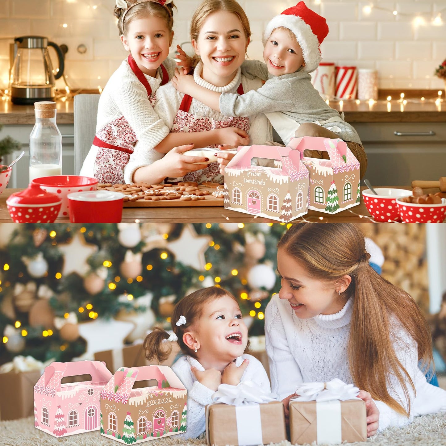 Whaline 24Pcs Christmas Treat Boxes with Handles Pink Gingerbread House Goodie Candy Bags Xmas Gable Paper Gift Containers for Cookie Snack Present Party Favor Supplies, 4 Designs