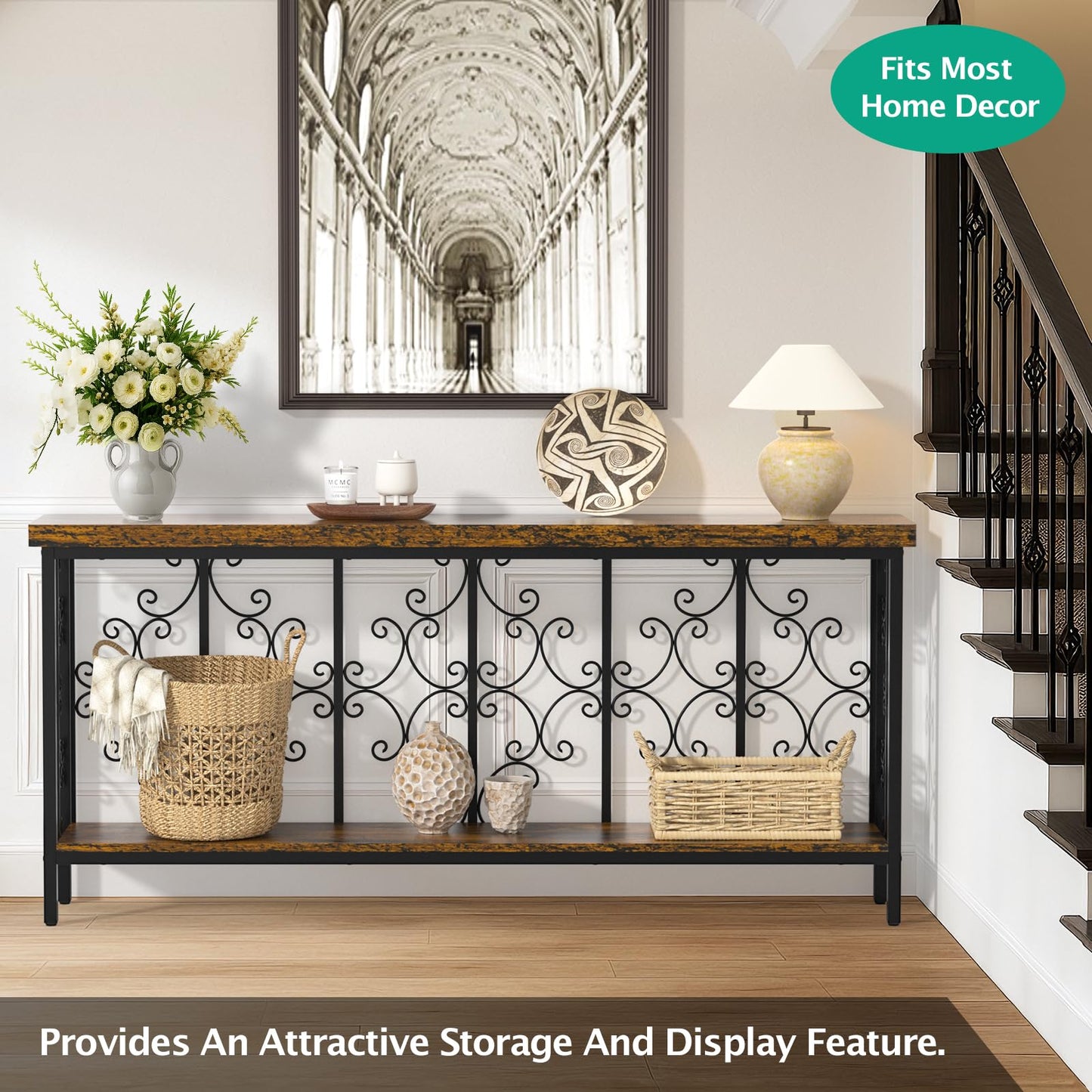 XCSOURCE Console Table, 70.9" Entryway Table with Storage Shelf, Extra Long Sofa Table Behind Couch, 2-Tier Hallway Accent Tables for Living Room, Entrance, Foyer, Rustic Brown