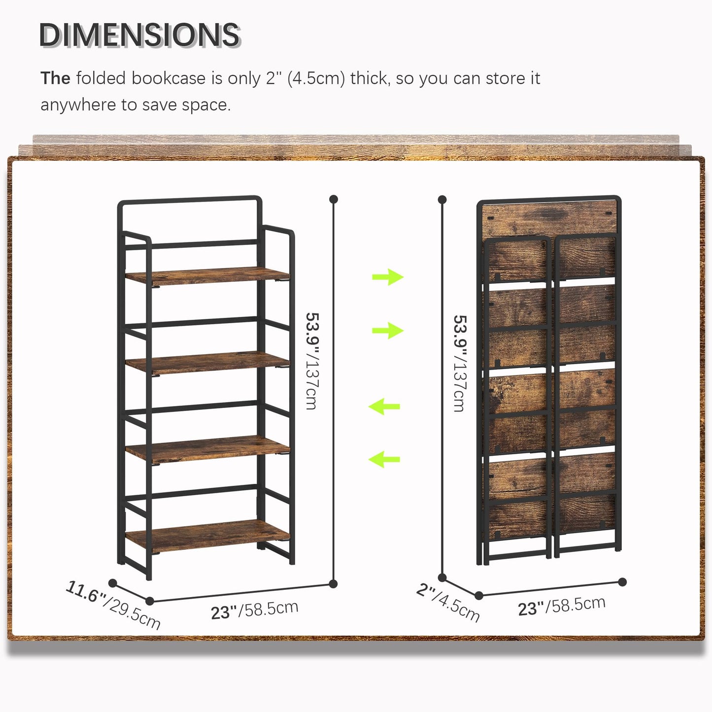 4NM No-Assembly 4 Tiers Folding Bookshelf Storage Shelves Vintage Bookcase Standing Racks Study Organizer Home Office (Rustic Brown and Black)