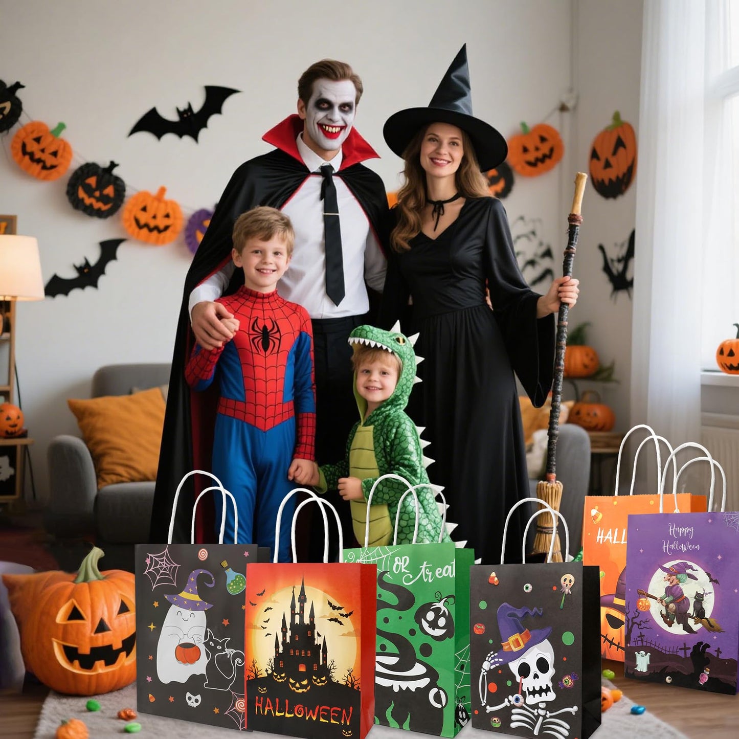12 PCS Halloween Bags with Handles, 6 Styles Halloween Paper Bags for Gift Candy Goodie Snacks Treat Cookie Wrap Party Favors Supplies Decorations Trick or Treat Horror theme Birthday Baggies Pouch