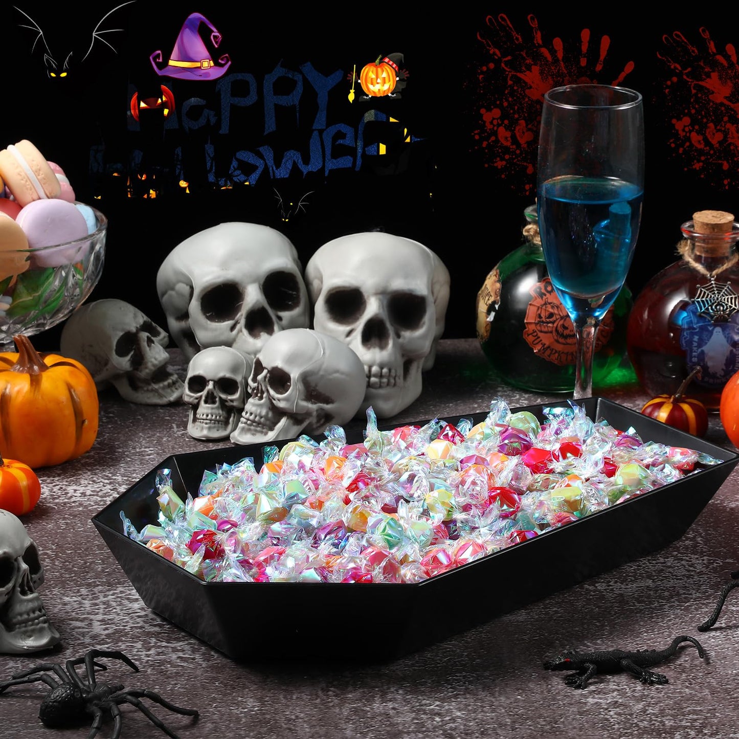 Wiwiqing 2 Pcs Halloween Candy Bowl Plastic Coffin Shaped Serving Tray Spooky Serving Dish Trick or Treat Candy Platter for Halloween Party Food Storage Charcuterie Board Serving Supplies (Skull)