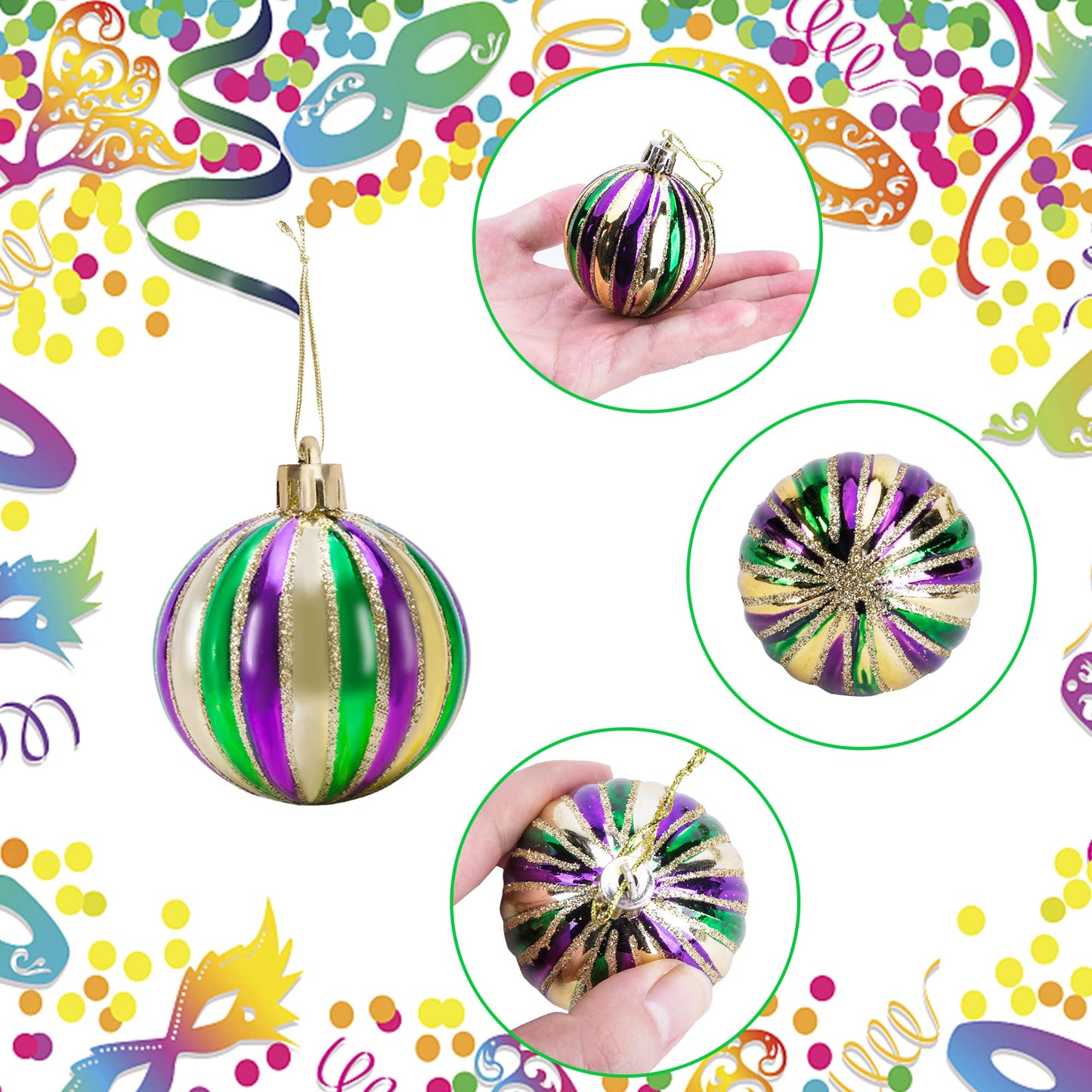 Watayo 12 PCS Mardi Gras Ball Ornaments- 2 Inch Mardi Gras Shatterproof Hanging Ornaments for Mardi Gras Holiday Christmas Ornaments New Orleans Party (Vertical Striped)