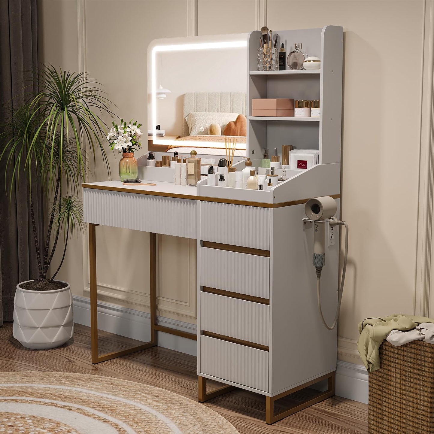 White and Gold Vanity Desk with Mirror and Lights Makeup Vanity with 5 Drawers and Charging Station, Vanity Table for Bedroom