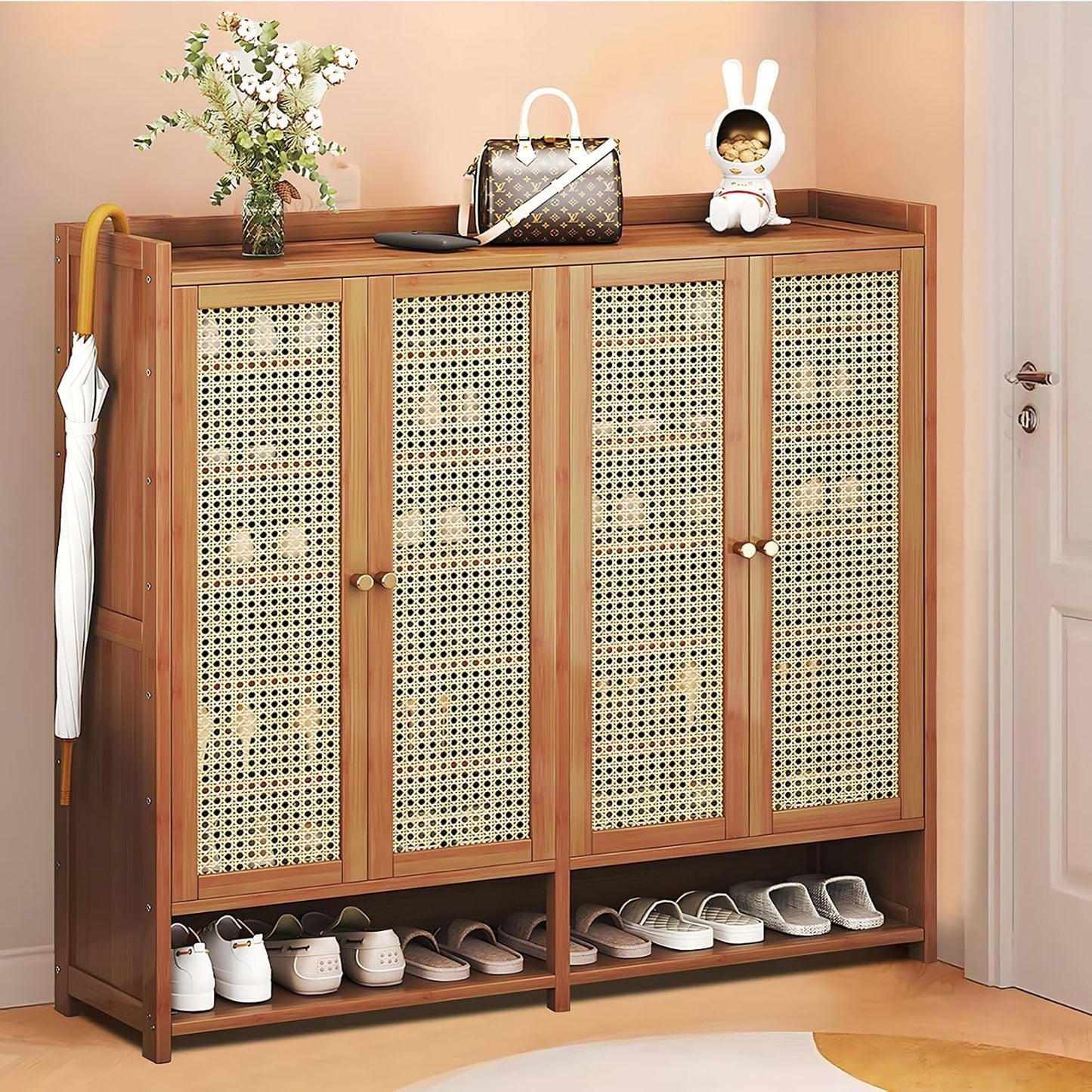 8 Tier Bamboo Shoe Cabinet, Shoe Storage Cabinet with Doors, 40 Pairs Shoe Organizer with Shelves, Freestanding Shoe Rack for Entryway, Hallway, Closet Living Room (Brown-)