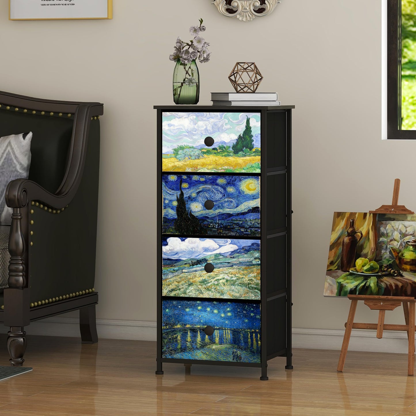 Welfuturer Narrow Dresser for Bedroom Slim 4 Drawer Dresser Vertical Storage Tower Unit for Living Room Hallway Kids Room Nursery Closet Sturdy Steel Frame Wooden Top Easy Pull Handle