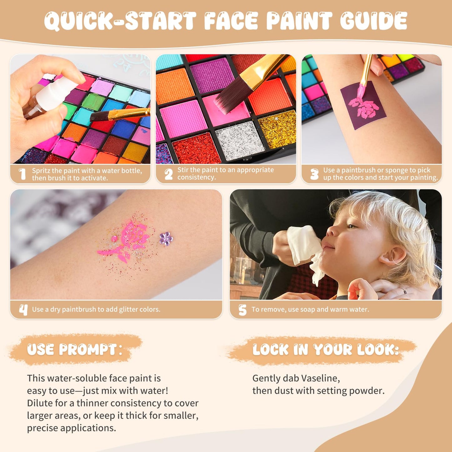 54 Color Face Painting Kit for Kids - Non Toxic Water Activated Face Paint Palette with Book, Stencils, Brushes, Gems & Glitter. For Halloween, Carnival, Party; Costume Makeup for Creative Activities