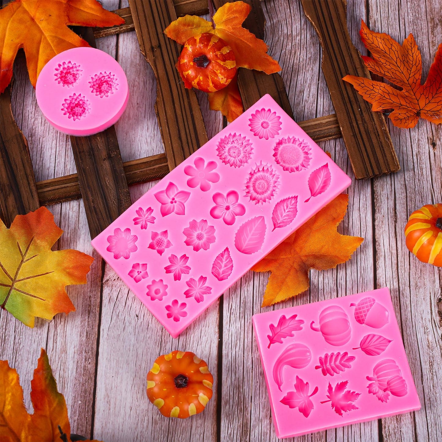 Whaline 3Pcs Fall Fondant Molds Fall Floral 3D Silicone Moulds Pumpkin Maple Leaf Flower Pine Cone Pattern Resin Molds Autumn Cupcake Cookie Candy Baking Moulds for Fall Thanksgiving Party DIY Crafts