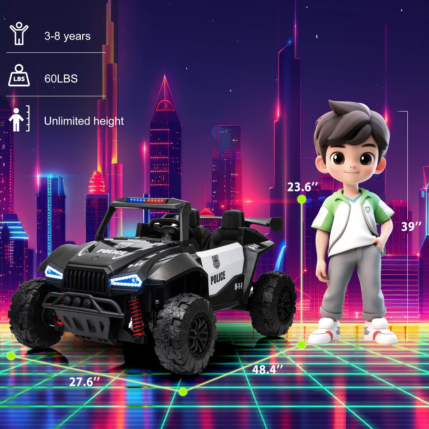 24V 2-Seater Kids Ride On Car Electric Off-Road UTV Side by Side with 200W*2 Powered Wheel Electric Vehicle with Remote Control, Bluetooth, LED Light Gift for Boys and Girls Black