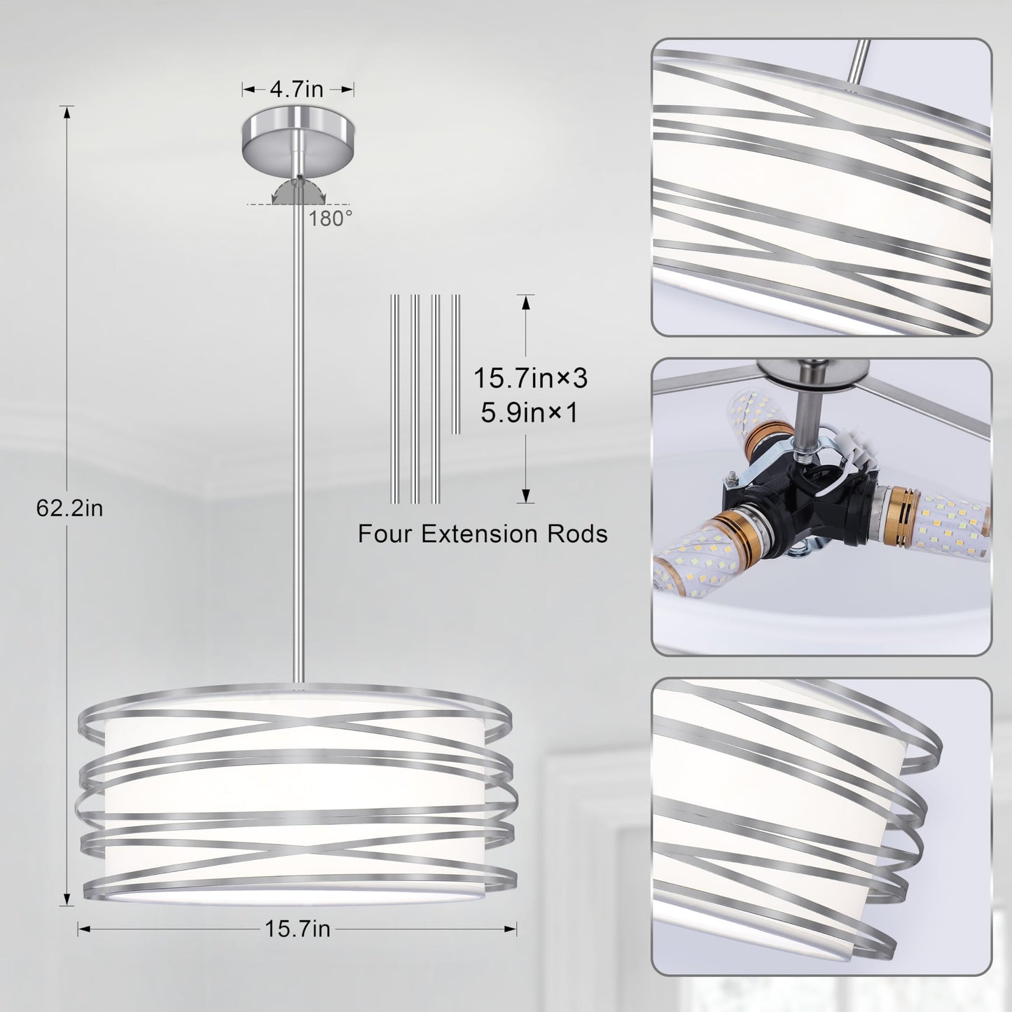 16 inch Modern Drum Pendant Light 3-Lights Brushed Nickel Chandelier Dining Room Light Fixture, Adjustable Ceiling Pendant Kitchen Light Fixture Over Table for Living Room Bedroom
