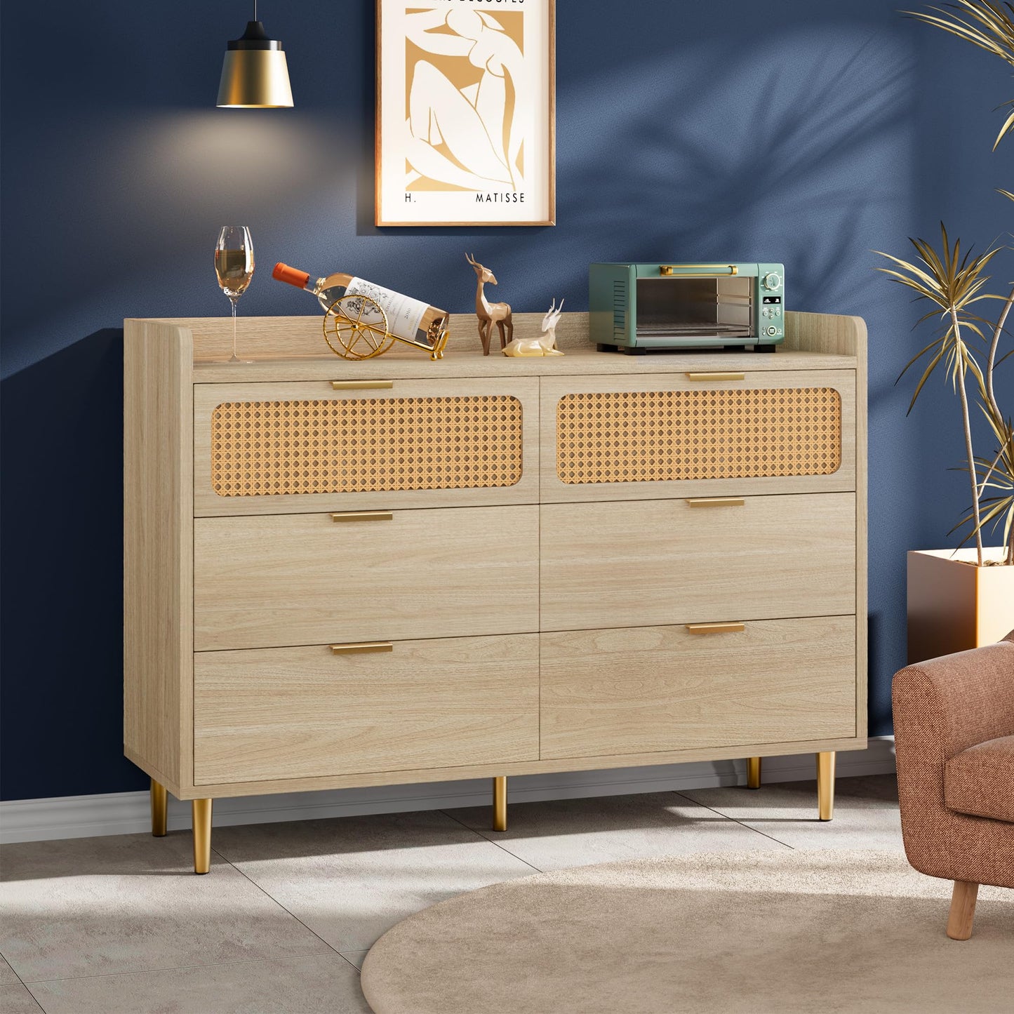 6 Drawer Double Dresser for Bedroom, 47" Wide Modern Chest of Drawers, Wooden Storage Rattan Dresser for Bedroom Living Room Hallway, Oak