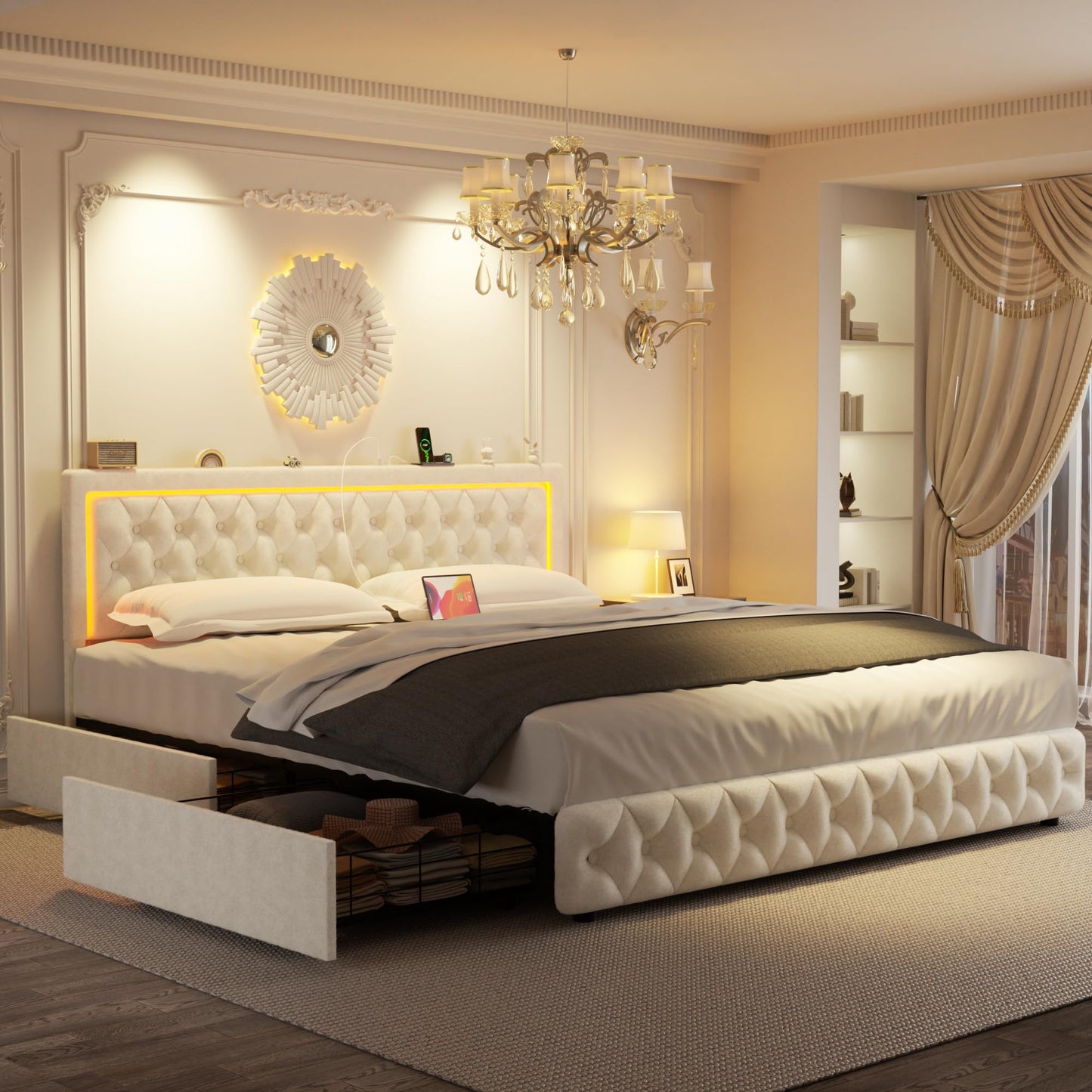 VOHOBY Queen Bed Frame with 4 Storage Drawers, Velvet Upholstered Bed Frame Queen Size with Charging Station and LED Lights, 46" Adjustable Button Tufted Headboard, No Box Spring Needed, Beige