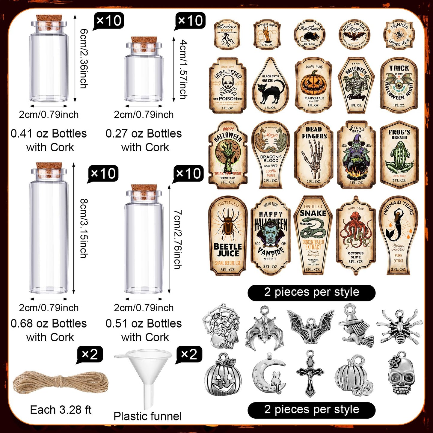 Yaomiao 124 Pcs Halloween Magic Potions Kit Halloween Party Decorations Creative Gift Apothecary Bottles Decorations with Labels Stickers Charms Pendants Ropes and Funnels for Indoor Party Supplies
